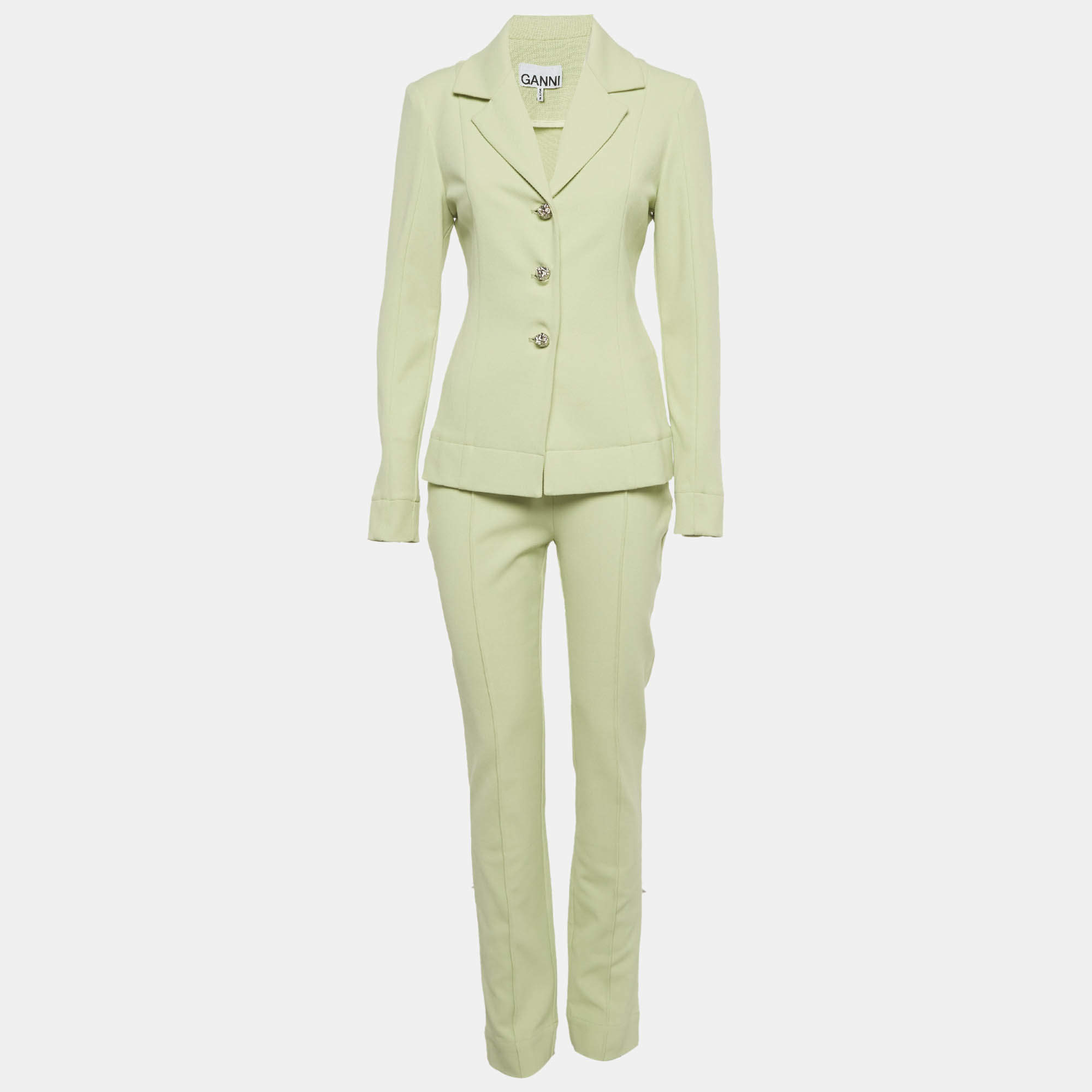 Pre Owned Ganni Light Green Twill Notched Lapel Blazer and Pants Suit S