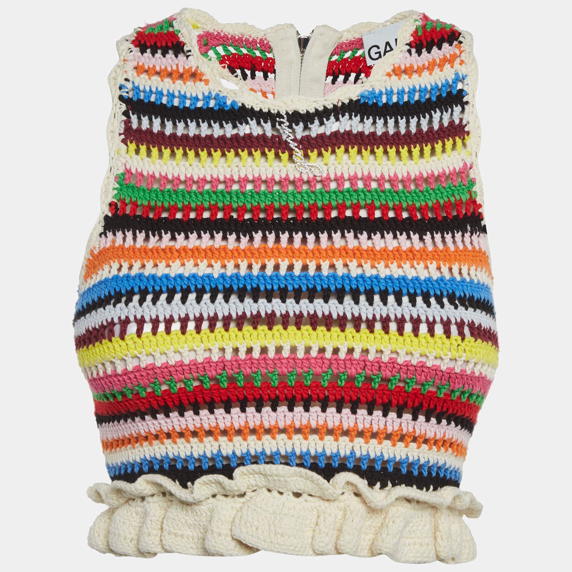 Pre Owned Ganni Multicolor Striped Crochet Frilled Crop Top XS