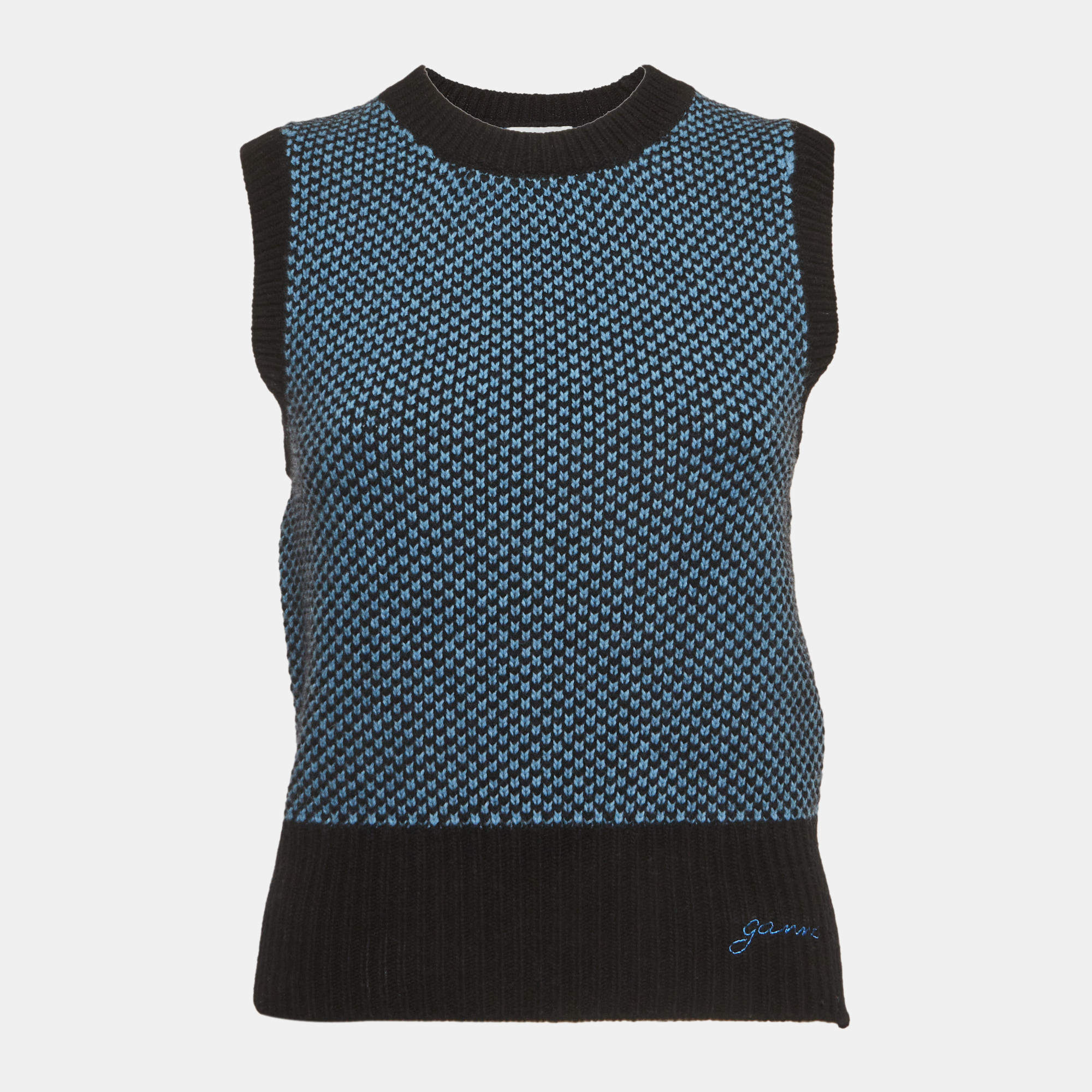 مملوكة مسبقًا Ganni Blue/Black Rib Knit Sweater Vest XS