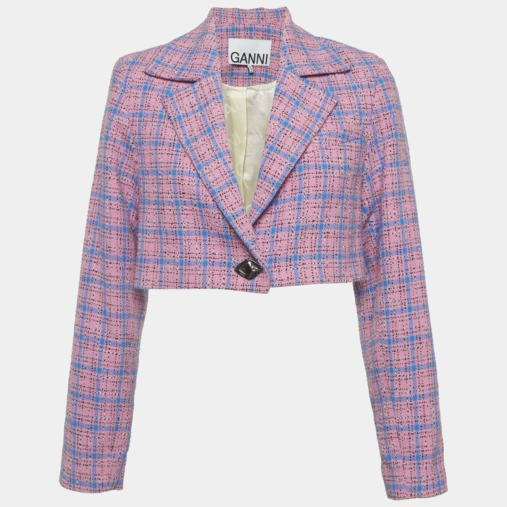 Pre Owned Ganni Pink/Blue Tweed Check Cropped Blazer S