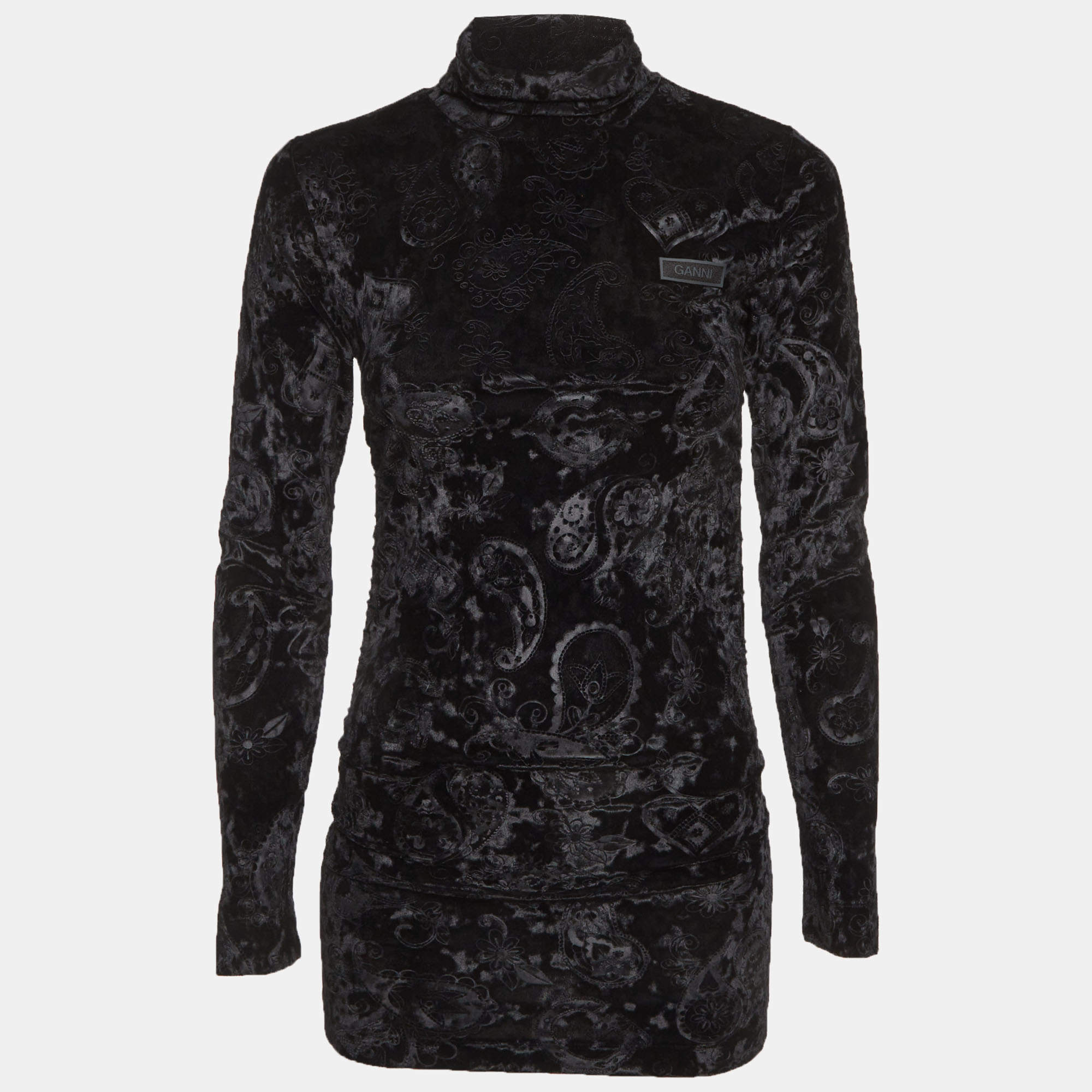 مملوكة مسبقًا قميص جاني أسود فيلور مطوي عند العنق مقاس صغير جداً (إكس سمول)