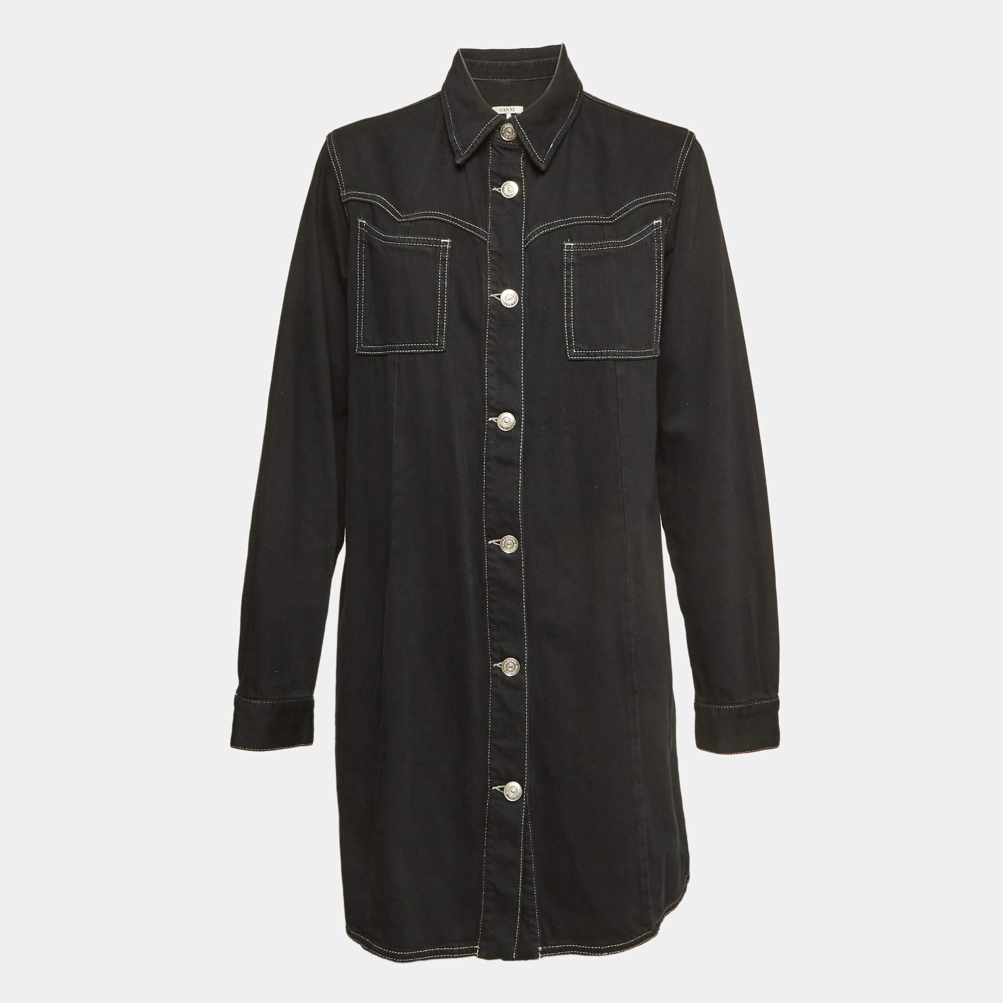 مملوكة مسبقًا Ganni Black Kress Soft Denim Button Down Shirt Dress L