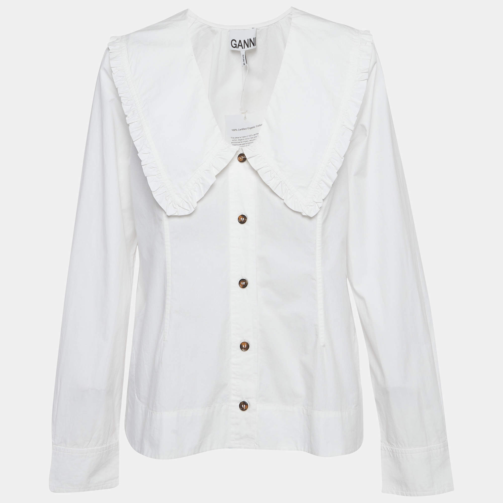 Pre Owned Ganni White Cotton Wide Ruffled Trim Collar Shirt S