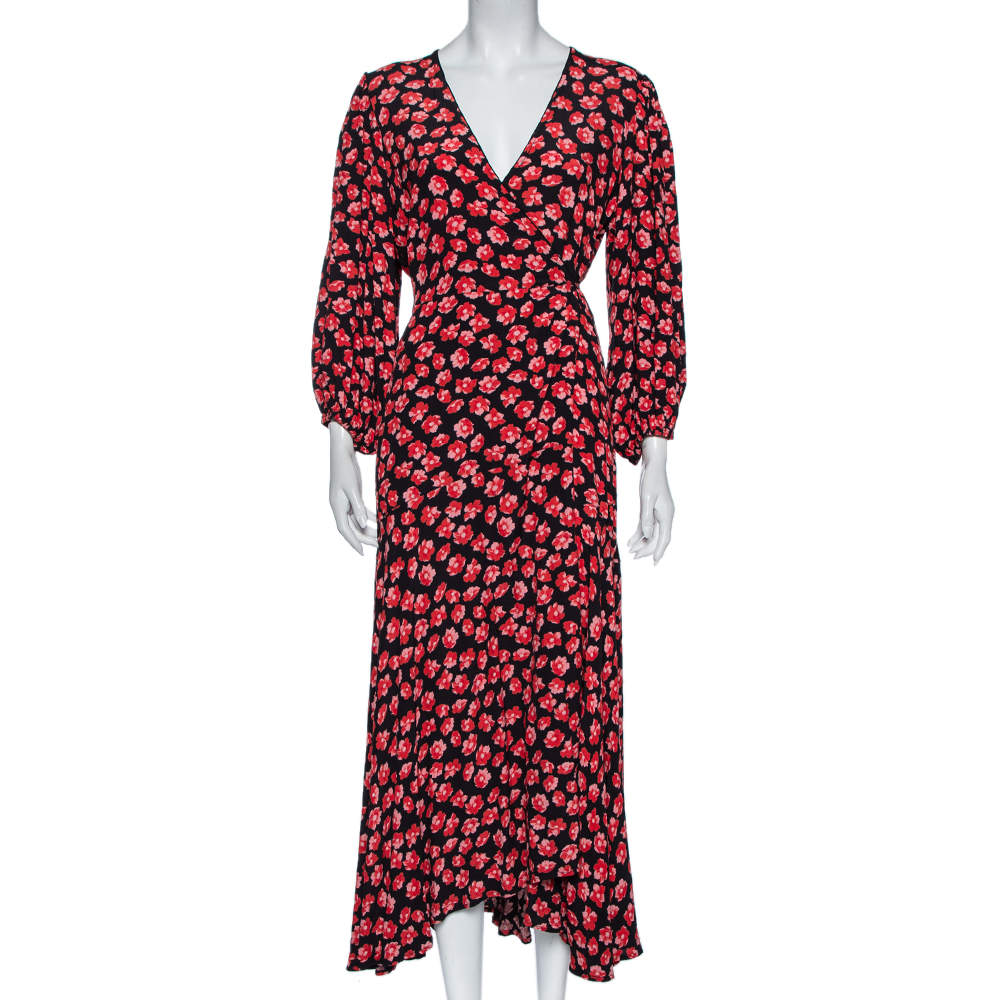 Pre Owned Ganni Black Floral Printed Crepe Balloon Sleeve Detail Wrap Dress M