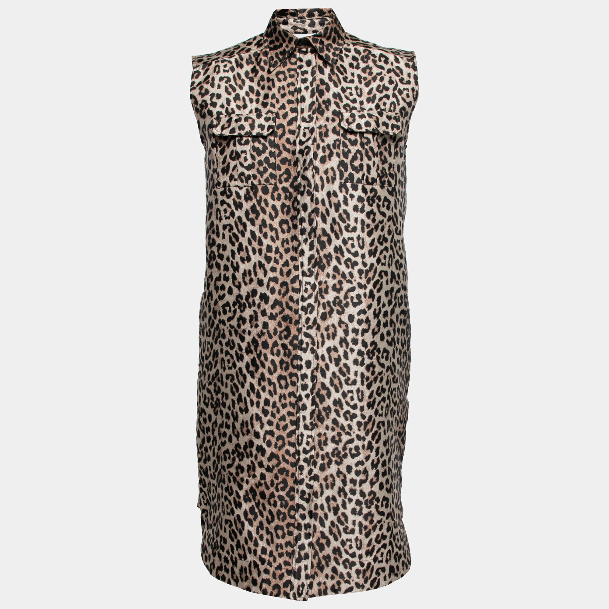 Pre Owned Ganni Beige & Black Leopard Jacquard Sleeveless Shirt Dress S 