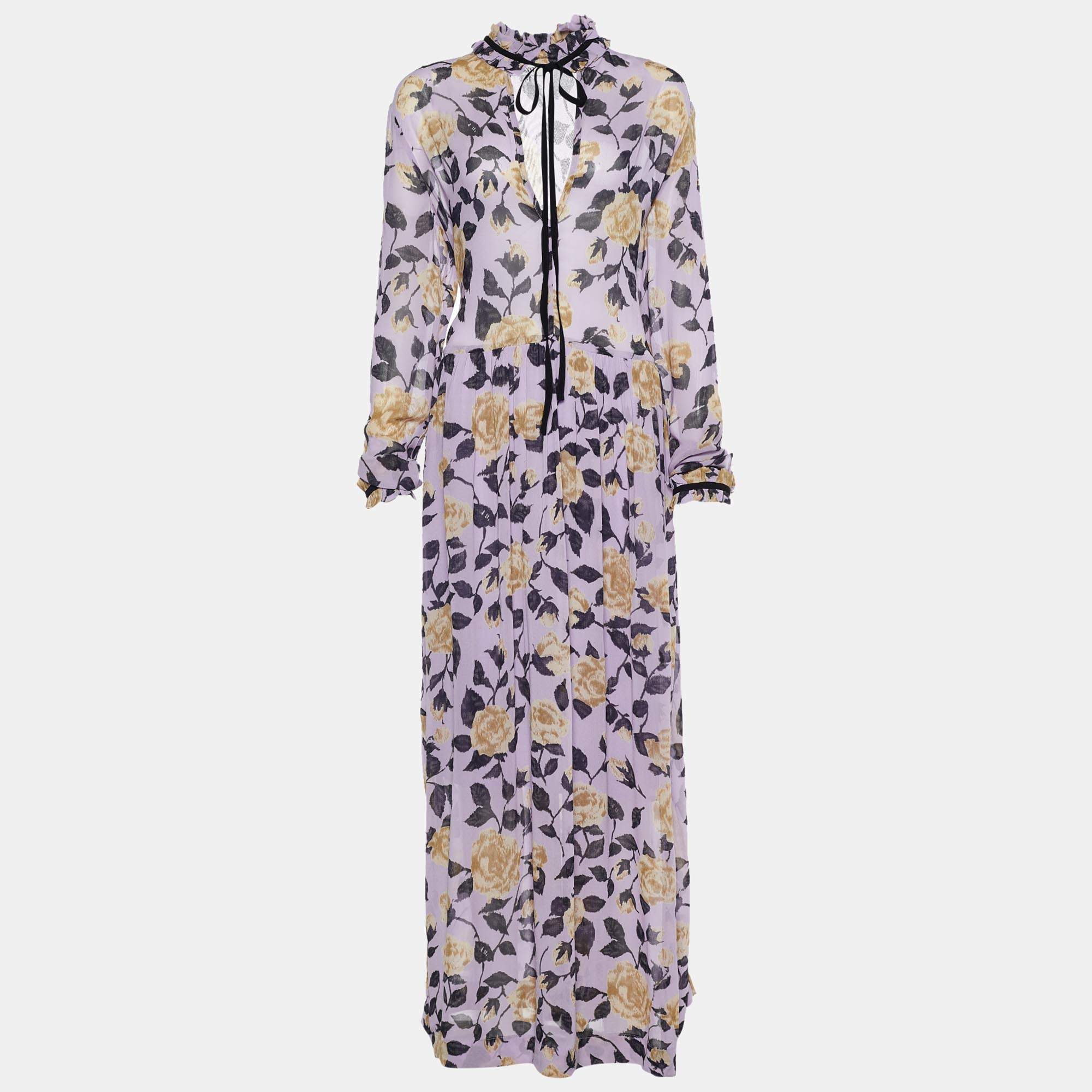 Pre Owned Ganni Lilac Crepe Georgette Carlton Maxi Dress L