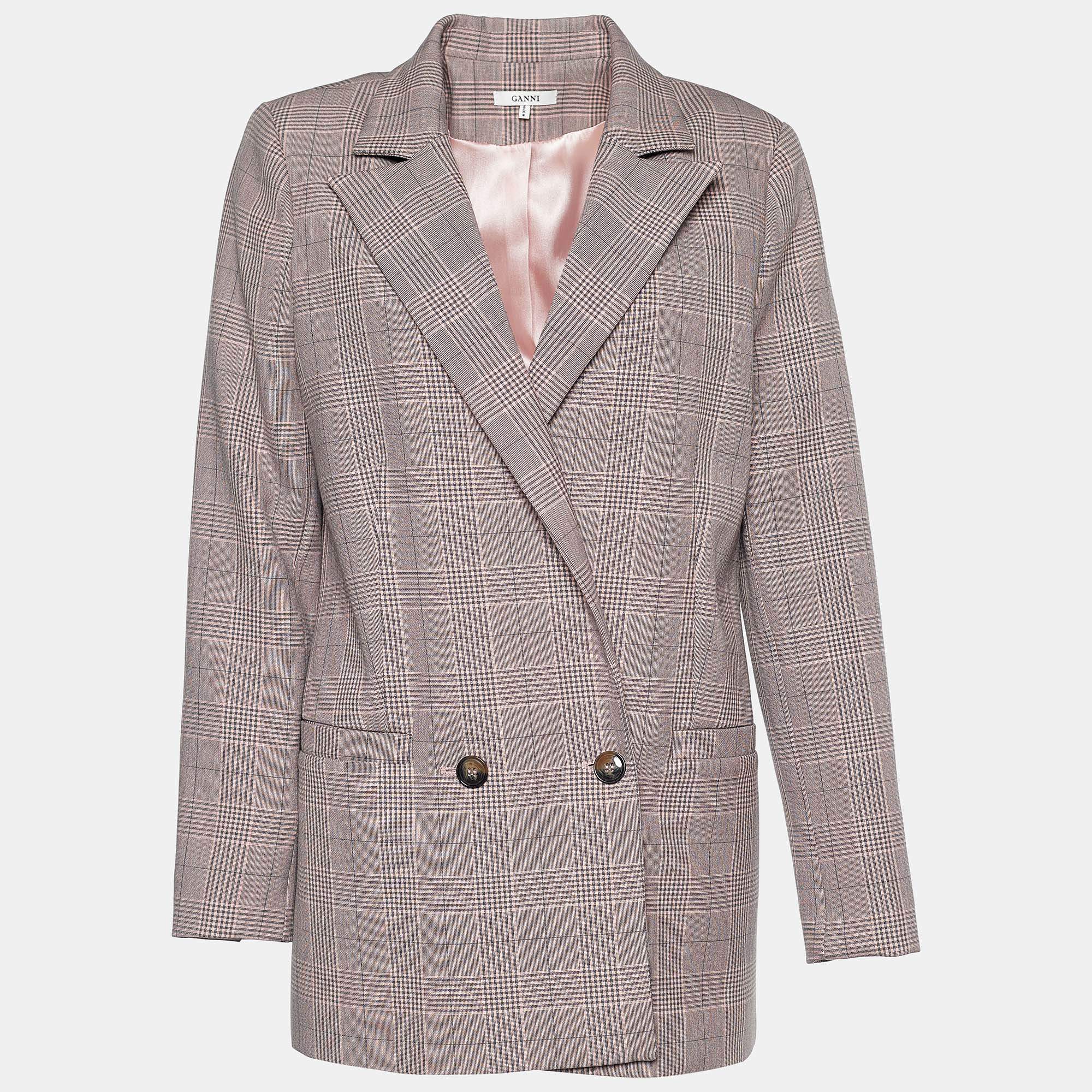 Ganni Pink Plaid Hewitt Double Breasted Cady Blazer XS