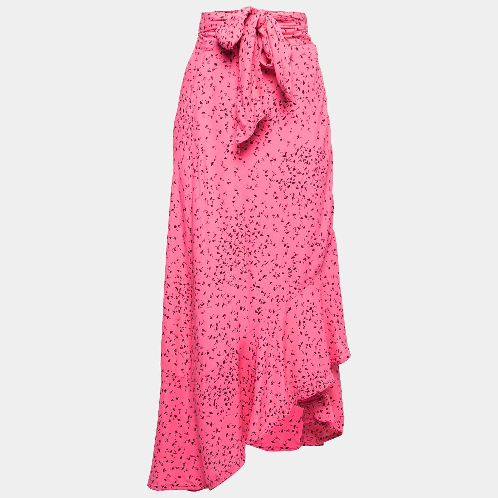 Ganni Pink Printed Crepe Midi Wrap Skirt XS