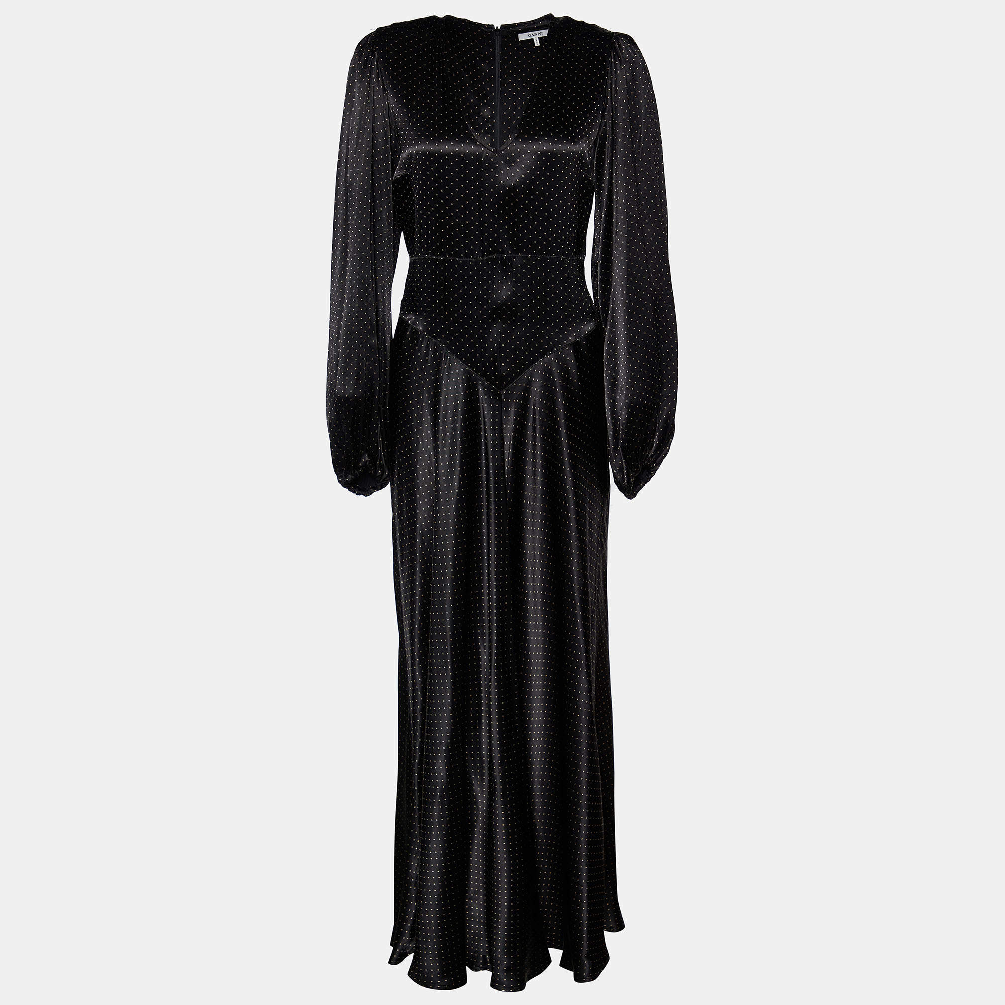 Pre Owned Ganni Black Polka Dot Satin Cameron Maxi Dress S