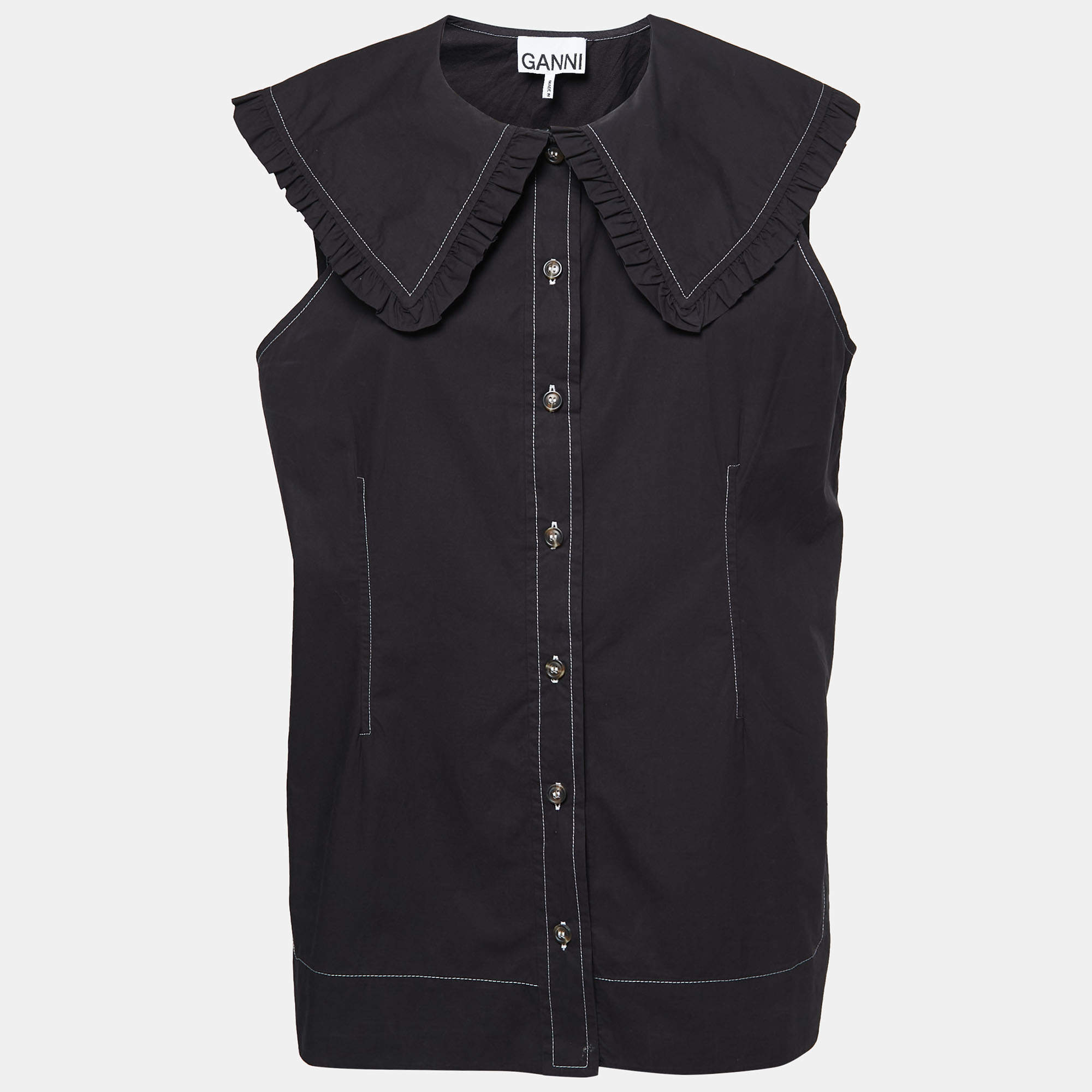 Pre Owned Ganni Black Cotton Ruffled Collar Sleeveless Top L