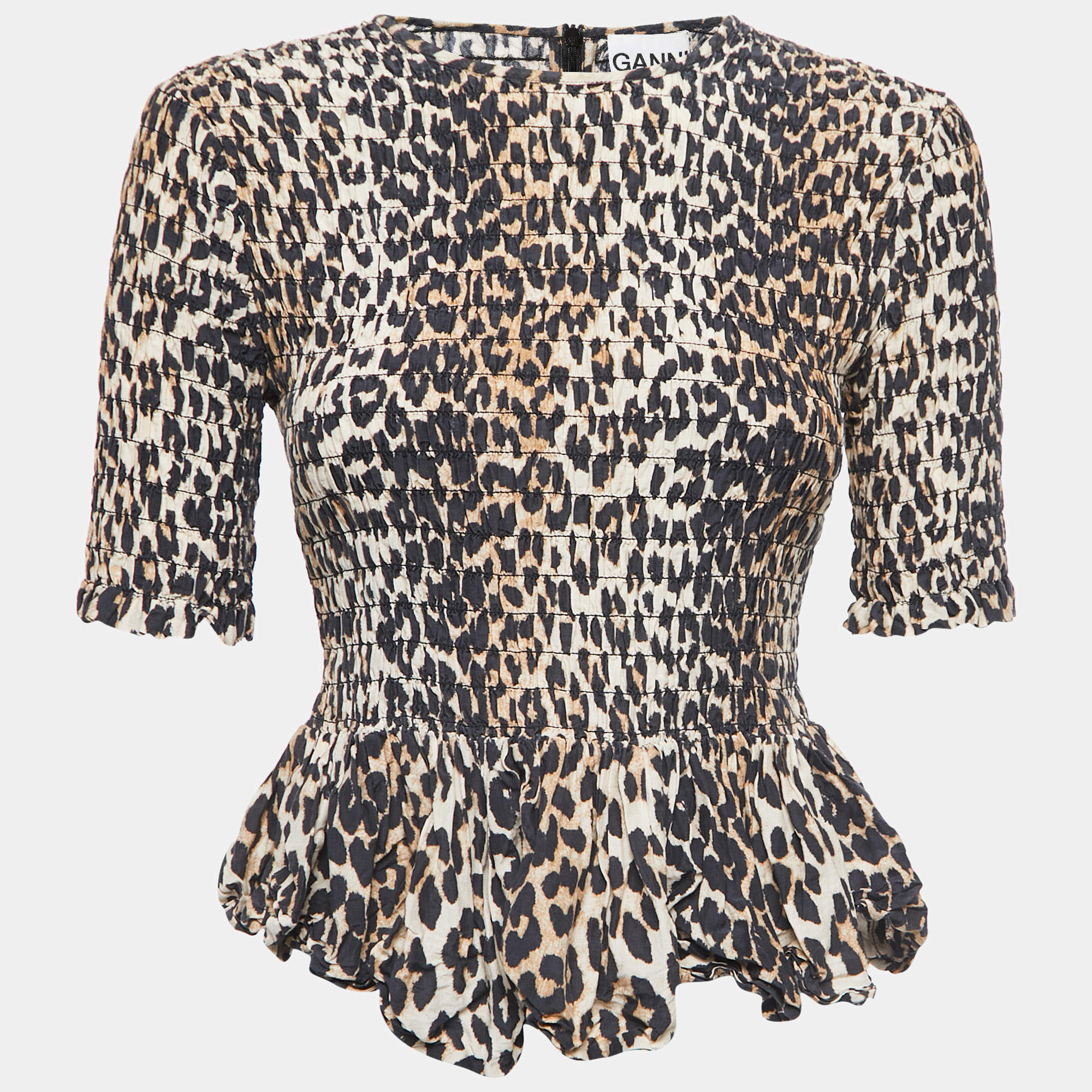 Pre Owned Ganni Brown Leopard Print Cotton & Silk Smocked Peplum Blouse S