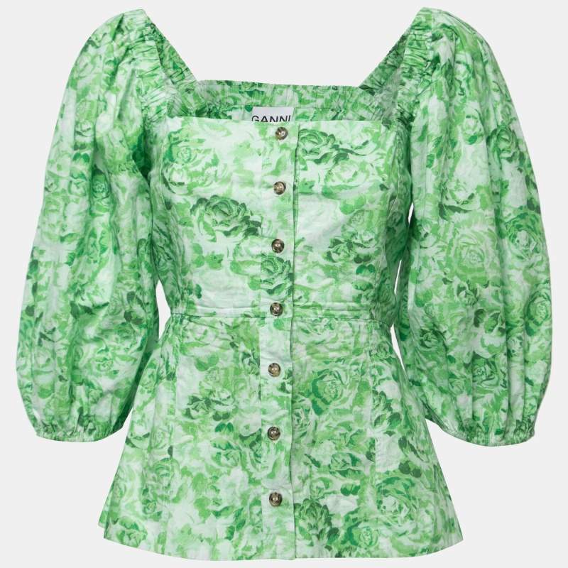 Pre Owned Ganni Green Floral Printed Cotton Blouse S