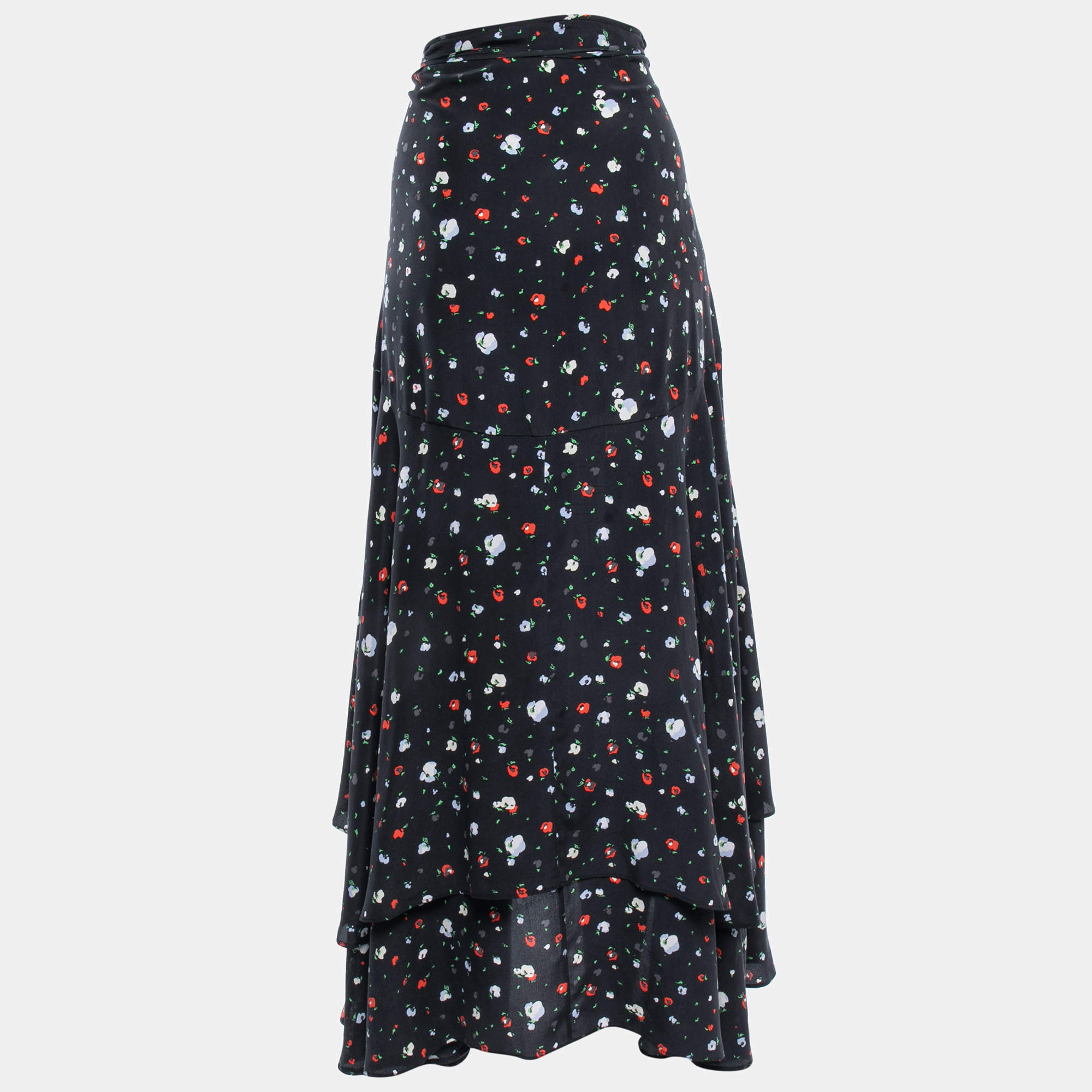 Ganni Black Print Silk Nolana Wrap On Midi Skirt L