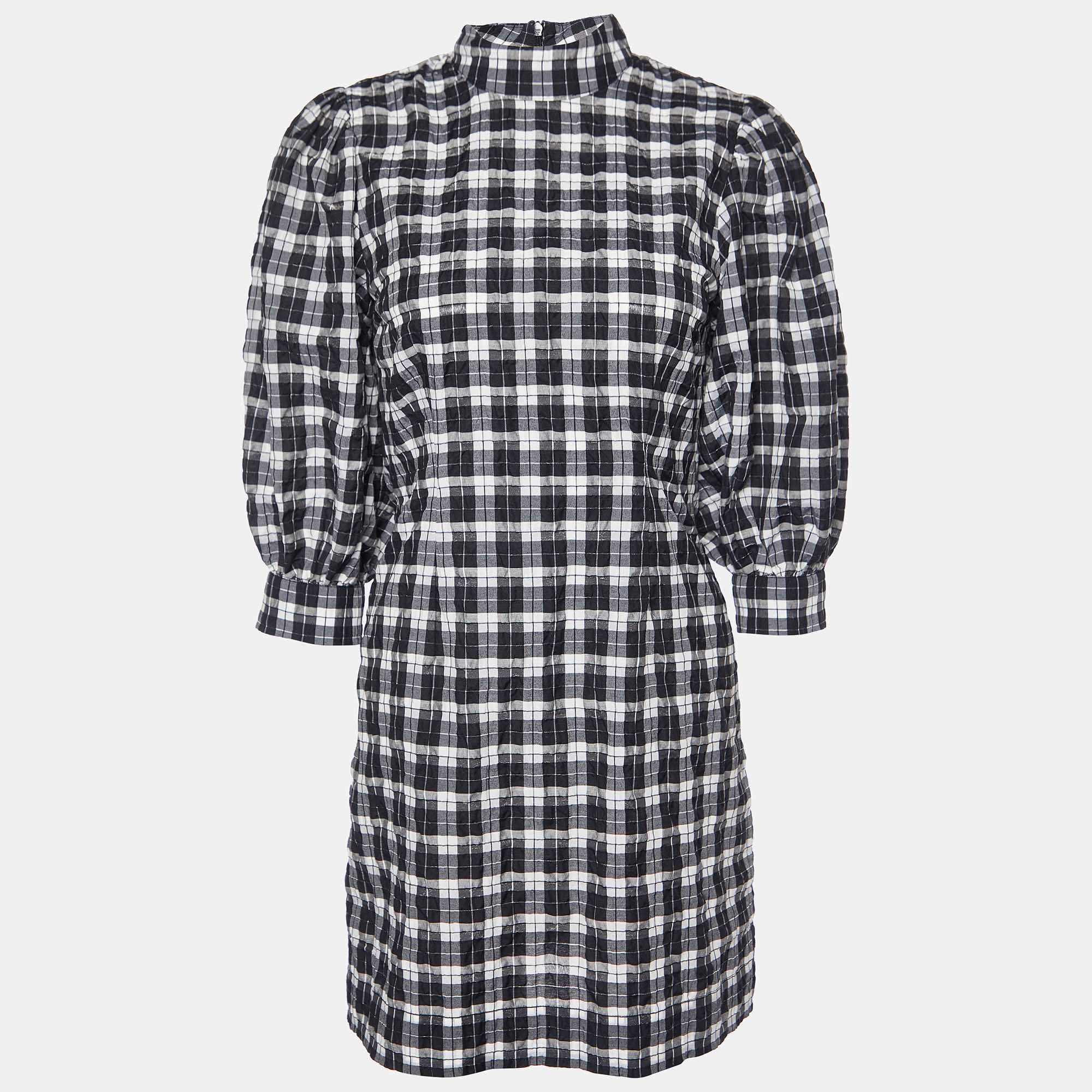 Pre Owned Ganni Black Checked Seersucker  Balloon Sleeve Mini Dress S