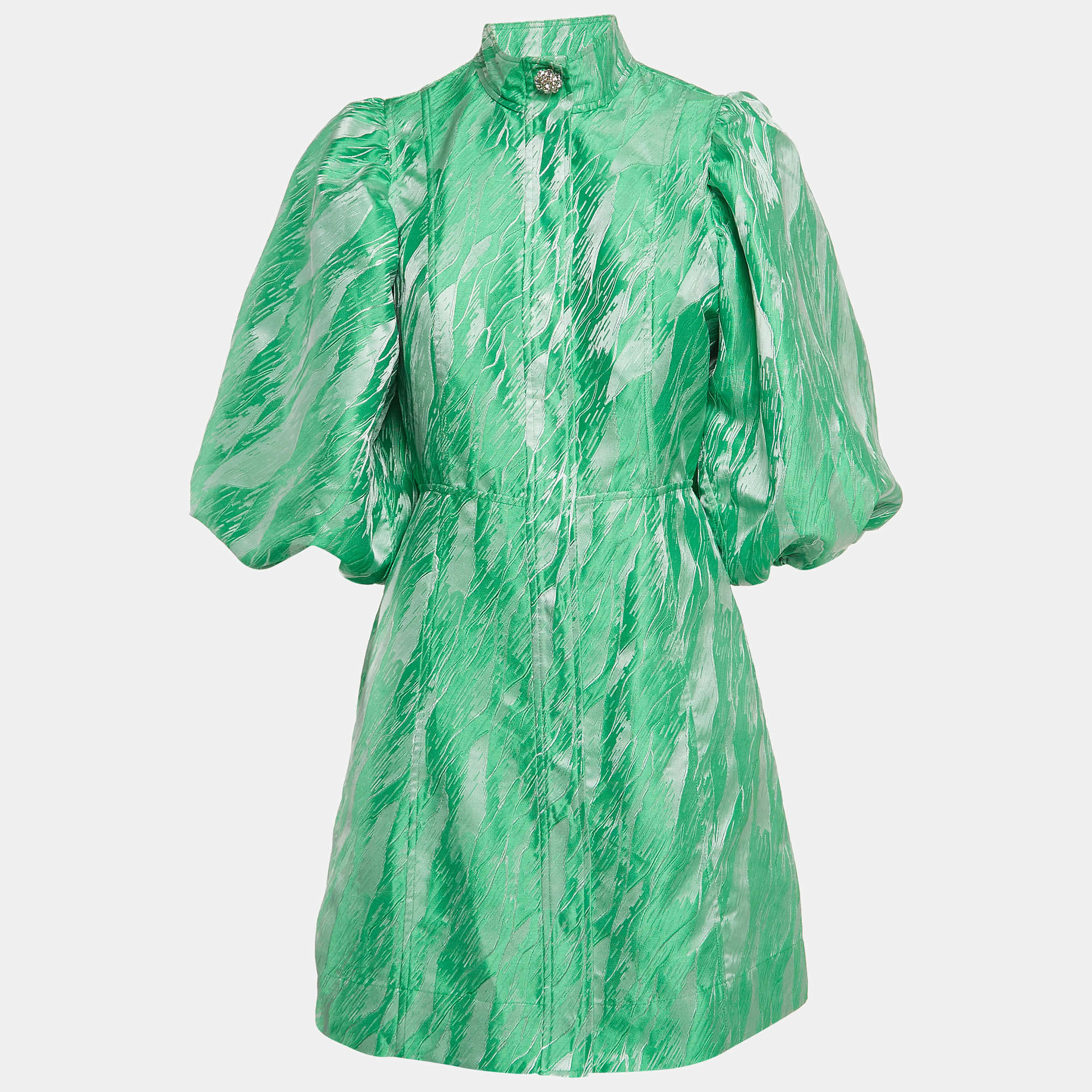 Pre Owned Ganni Green Abstract Pattern Jacquard Puff Sleeve Mini Dress M