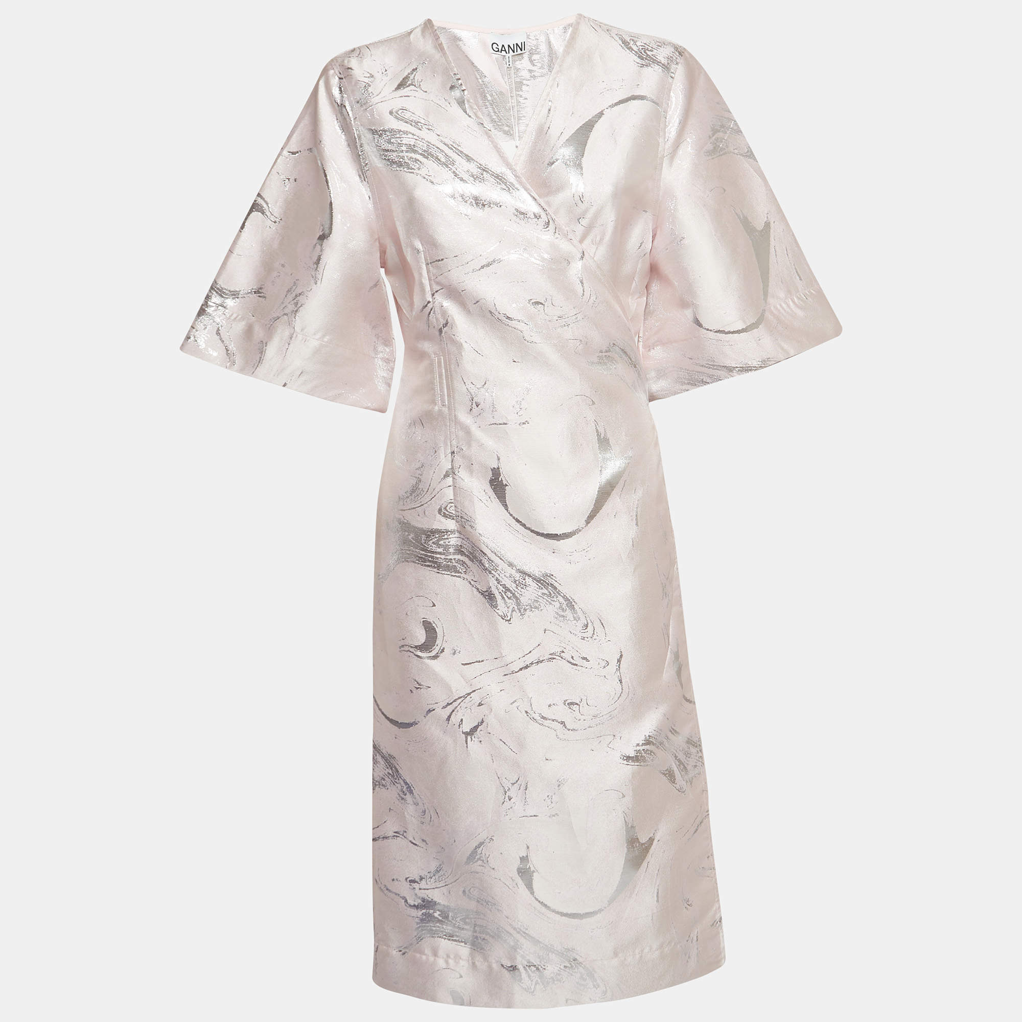 Ganni Pink/Metallic Silver Brocade Midi Wrap Dress M