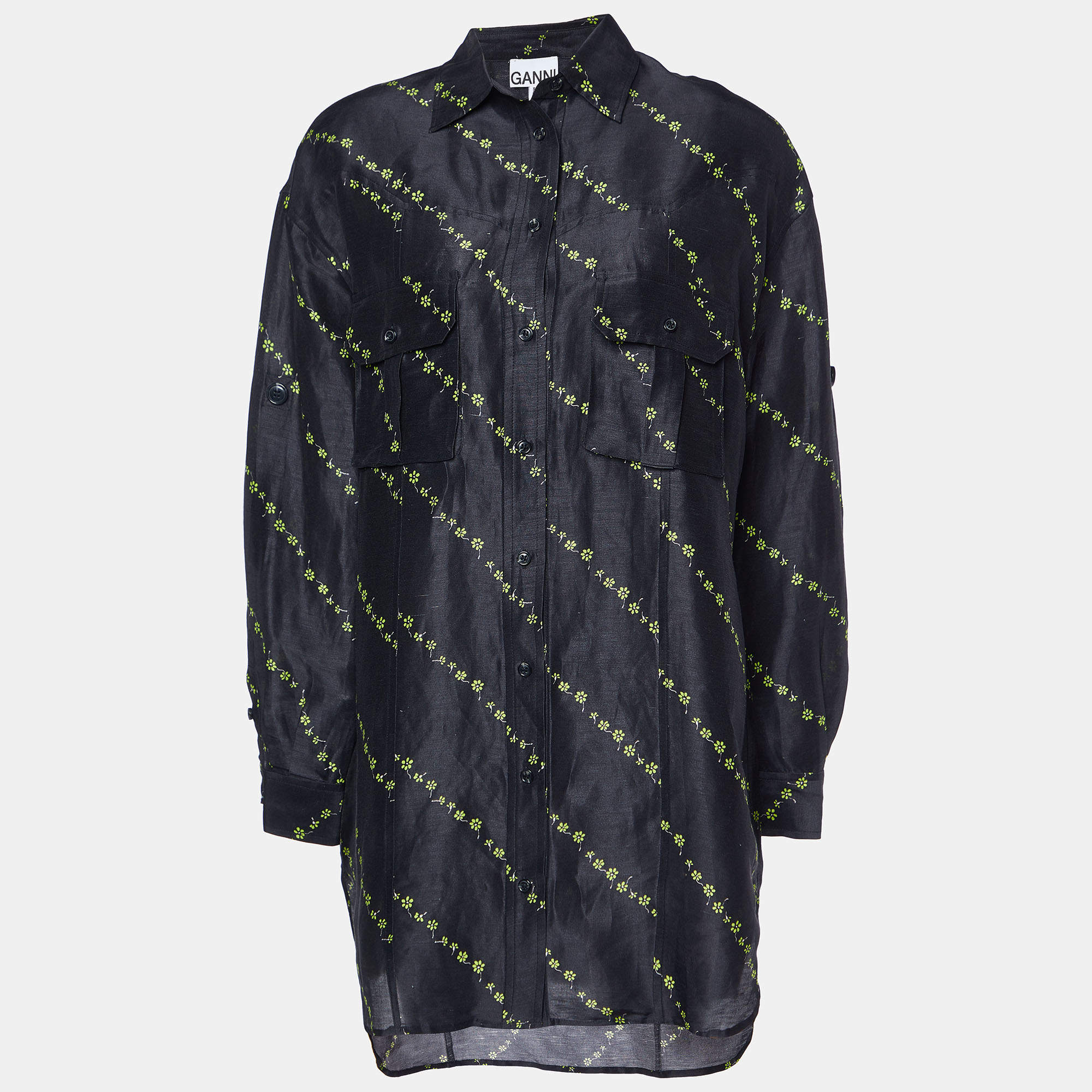 Ganni Black Floral Print Linen & Silk Button Front Shirt S
