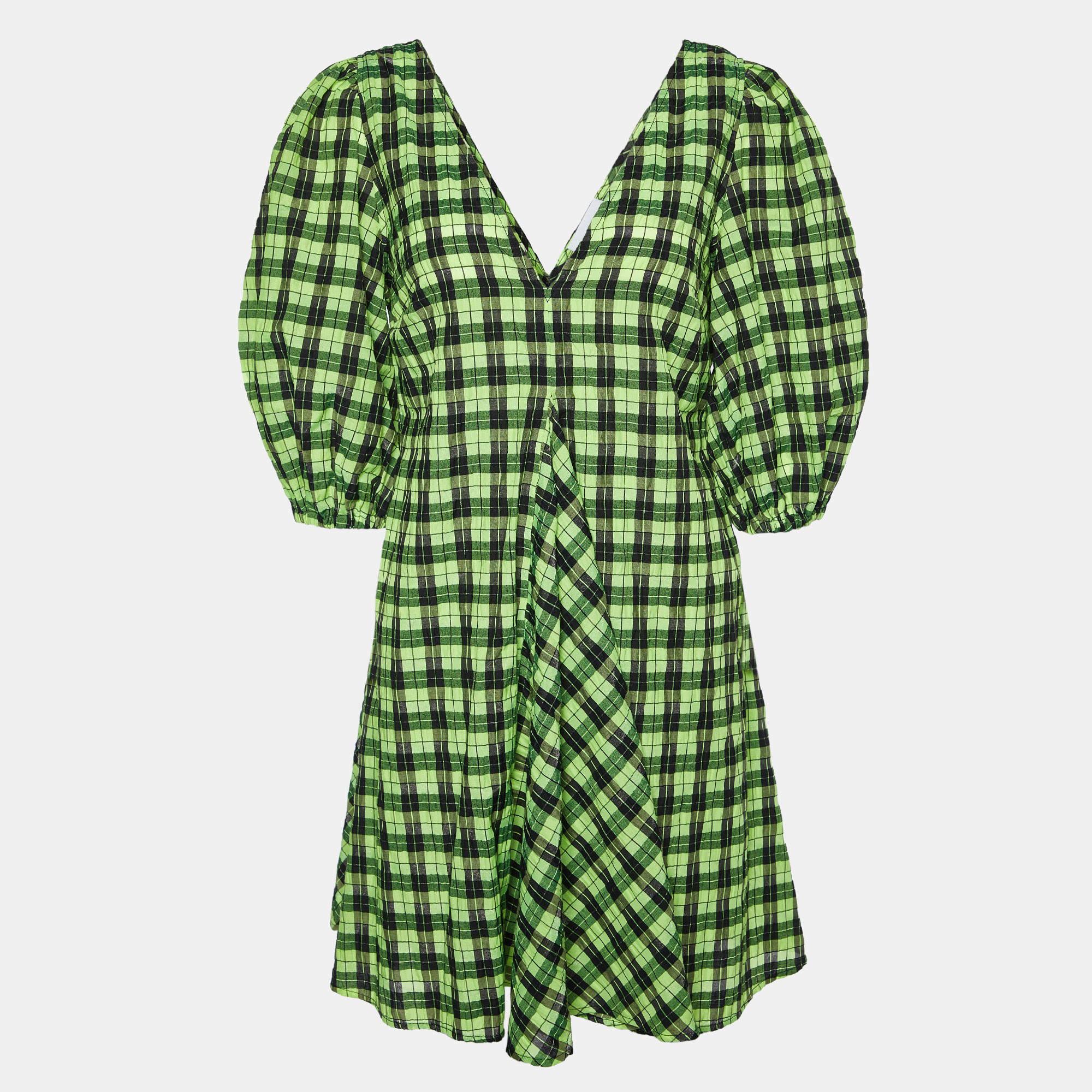 Ganni Neon Green/Black Checkered Cotton Puff Sleeve Dress XS