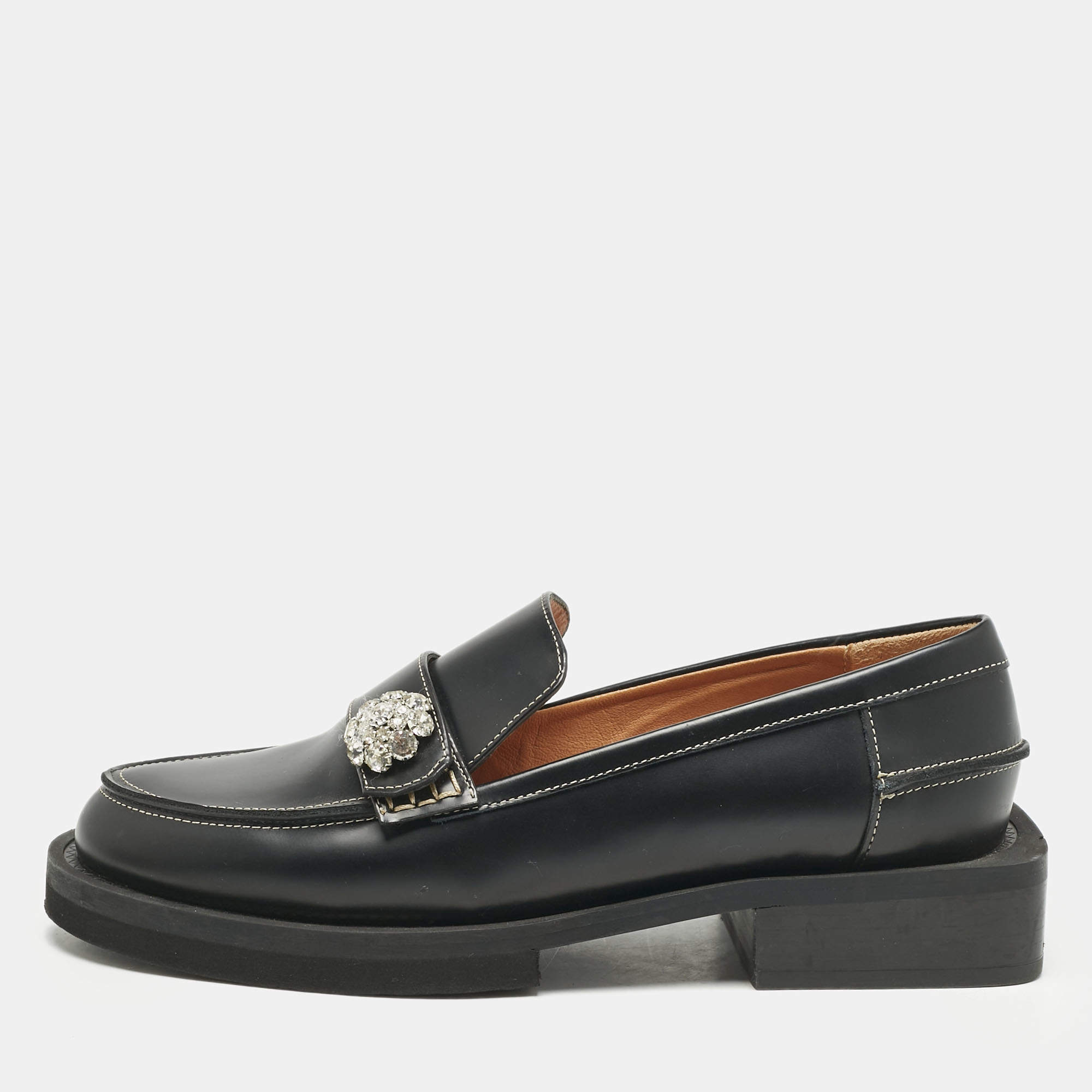 Ganni Black Leather Crystal Embellished Slip On Loafers Size 36