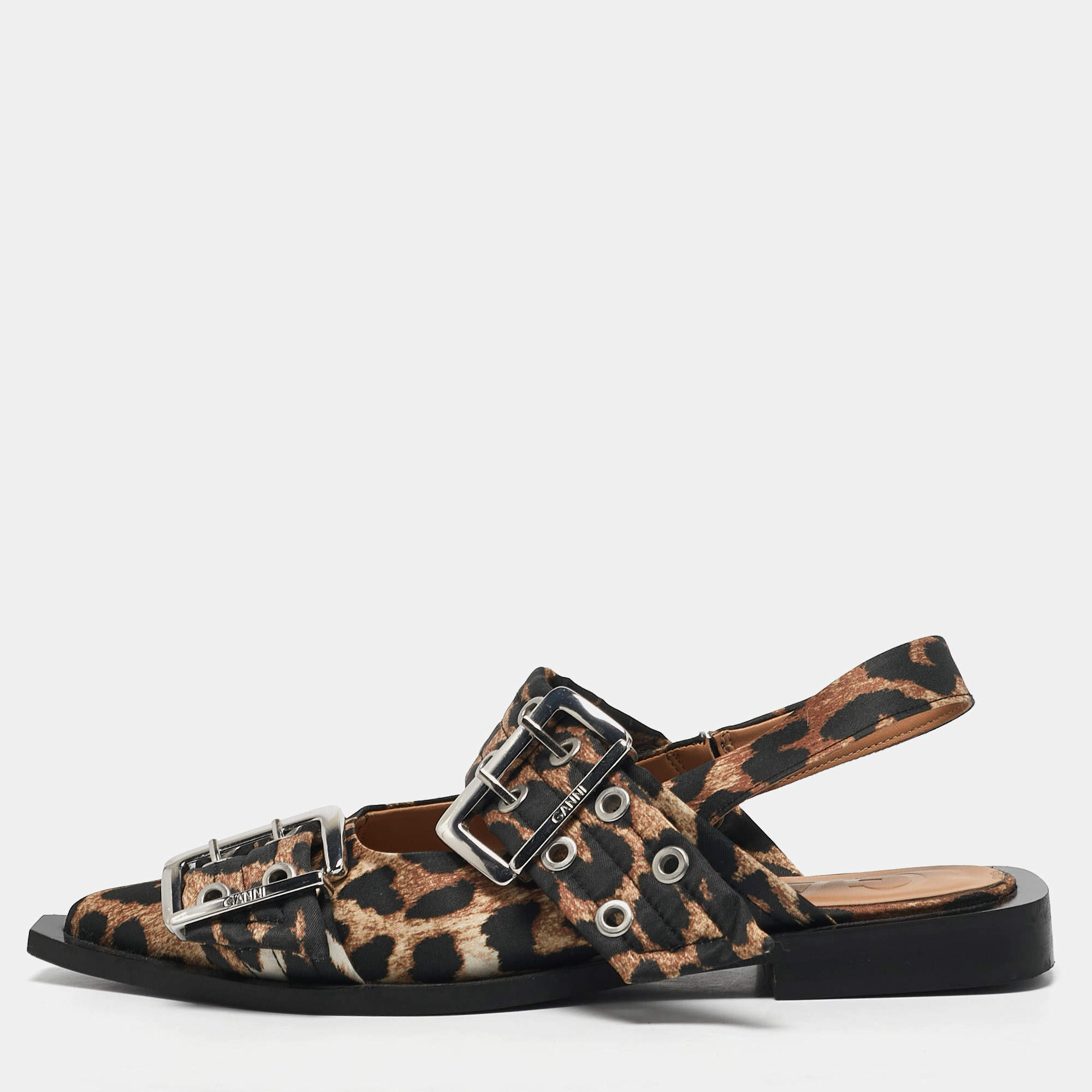 Ganni Multicolor Fabric Leopard Print Buckle Slingback Flats Size 37