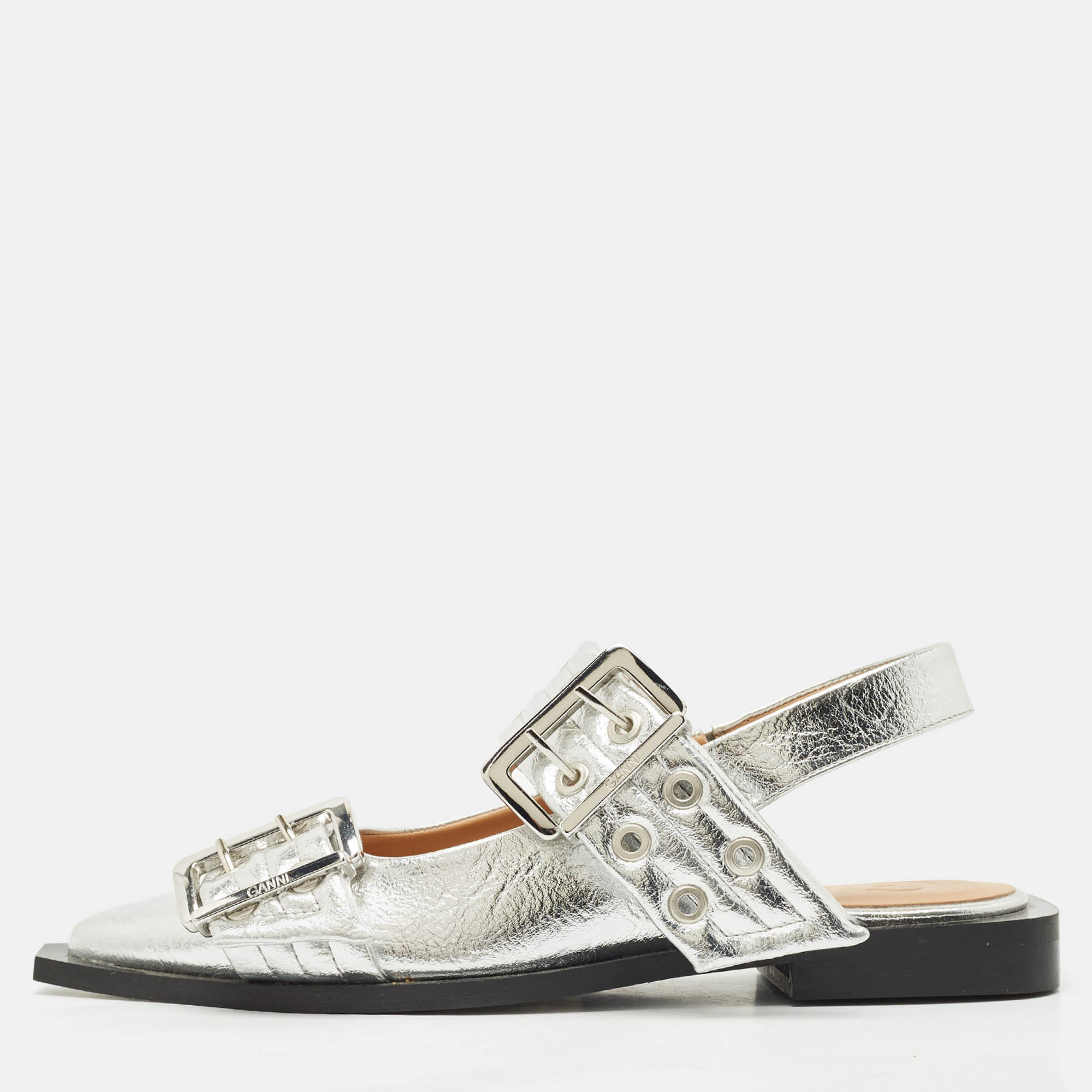 Pre Owned Ganni Silver Leather Buckle Slingback Flats Size 37