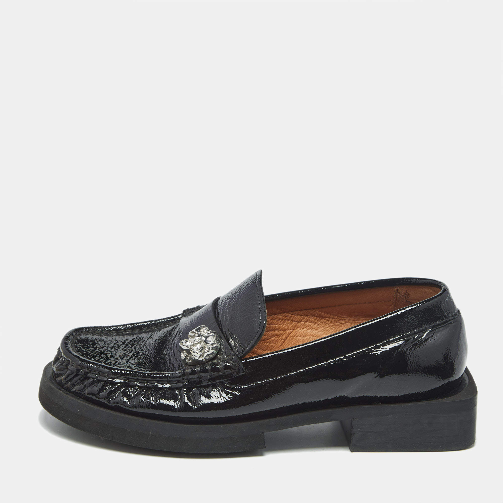 Pre Owned Ganni Black Patent Leather Crystal Embellished Slip On Loafers Size 37