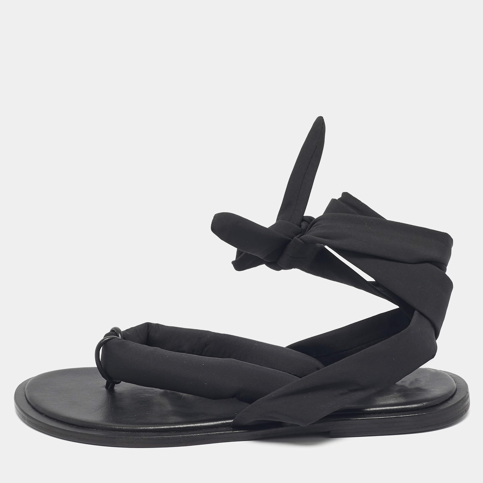 Pre Owned Ganni Black Nylon Puffy Thong Ankle Wrap Flats Size 39