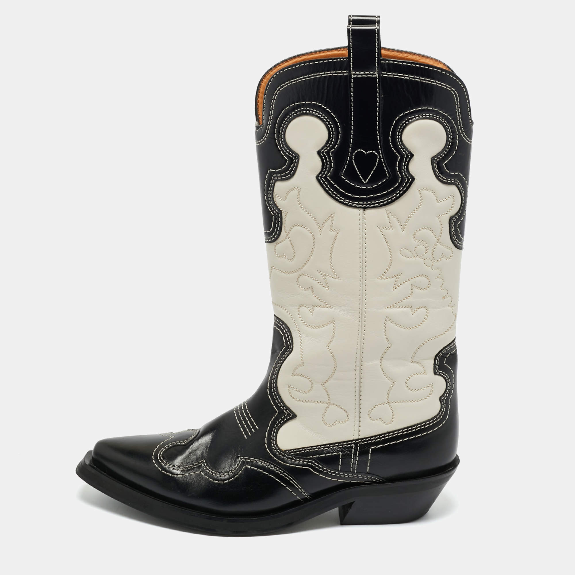 Pre Owned Ganni Black/Cream Leather Cowboy Boots Size 39