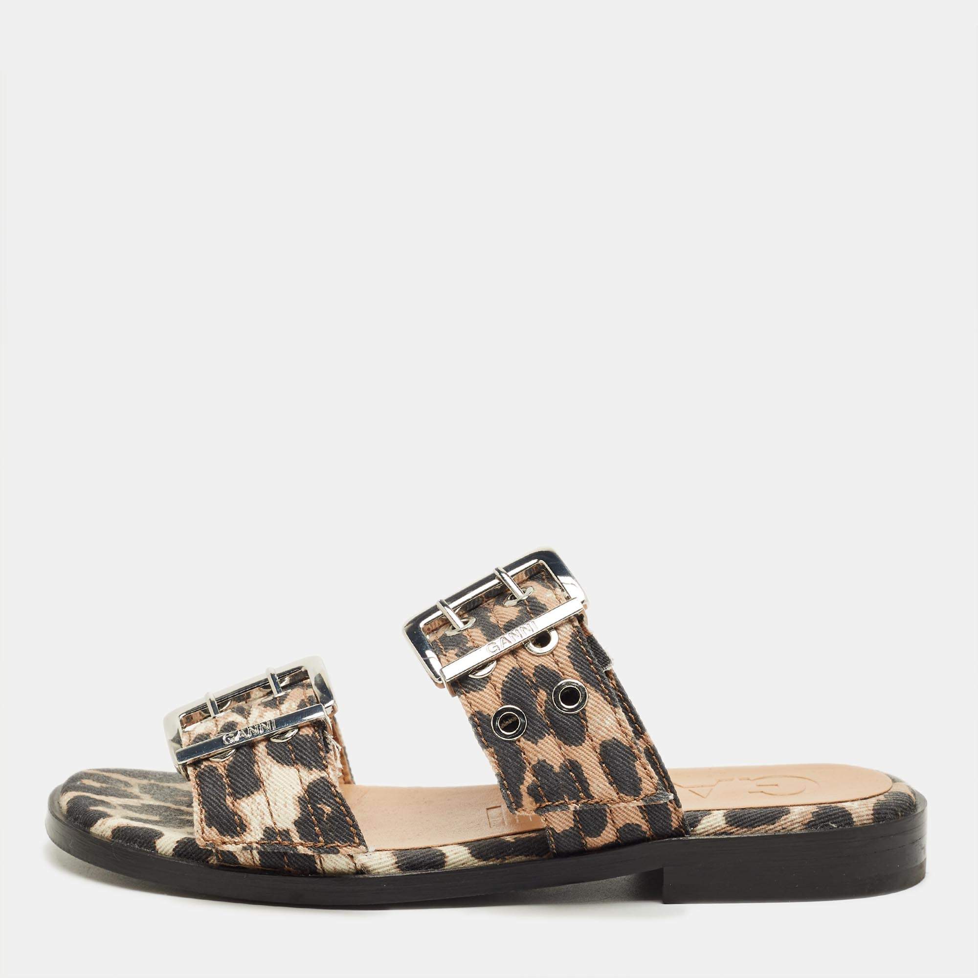 Pre Owned Ganni Brown Leopard Print Denim Feminine Buckle Sandals Size 38