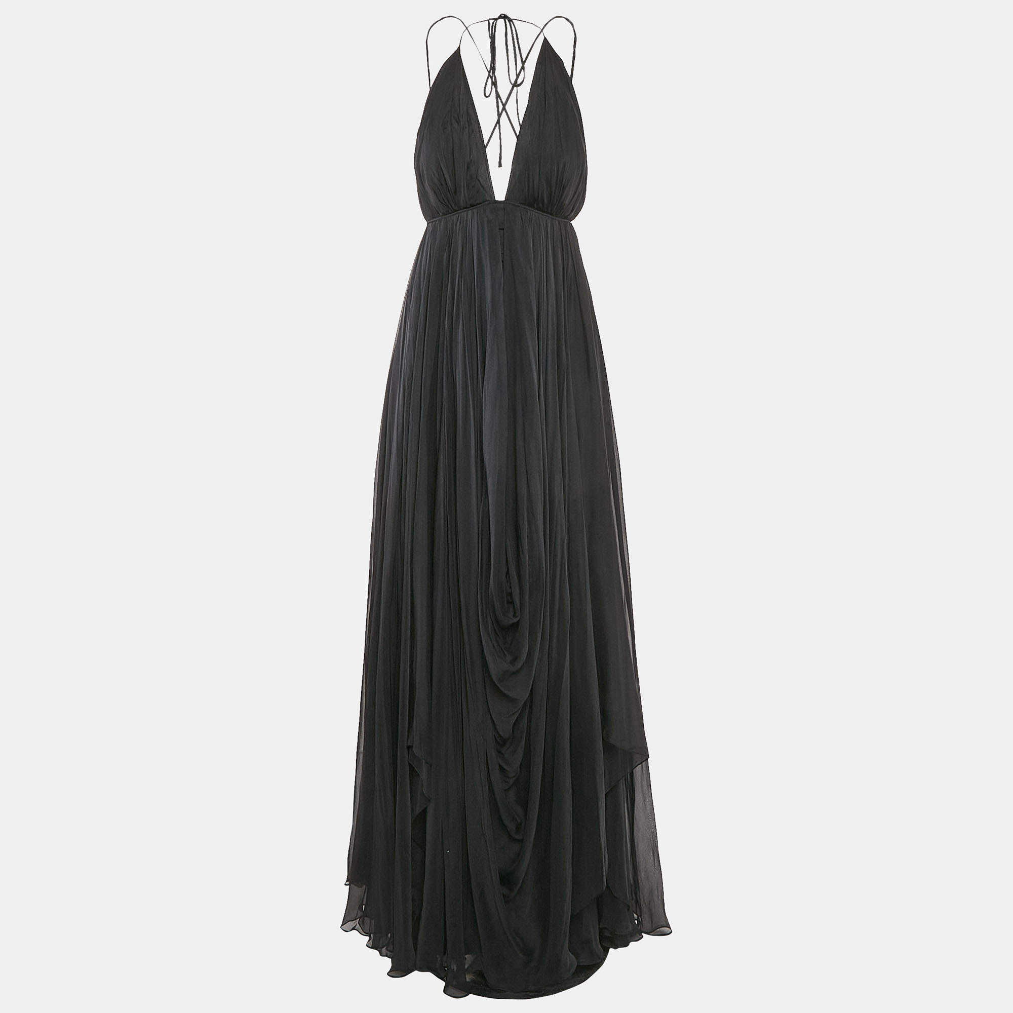 Gauri & Nanika Black Chiffon Draped Maxi Dress M