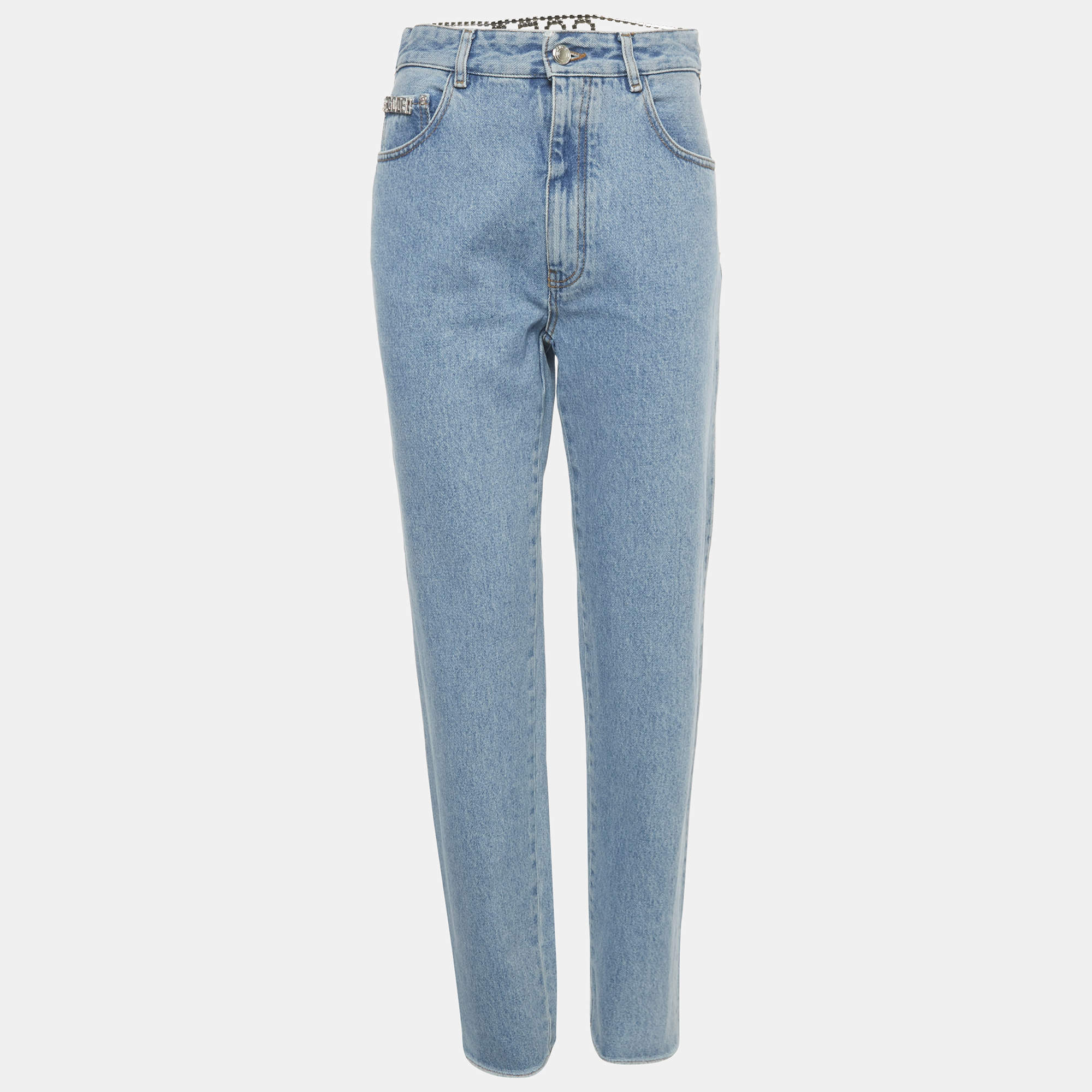 Pre Owned GCDS Blue Denim Logo Crystal Waist Detail Jeans S