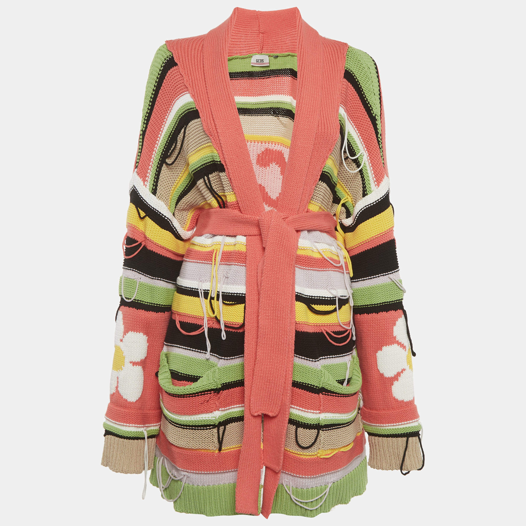 Pre Owned GCDS Green/Pink Fringed Rib Knit Cardigan M