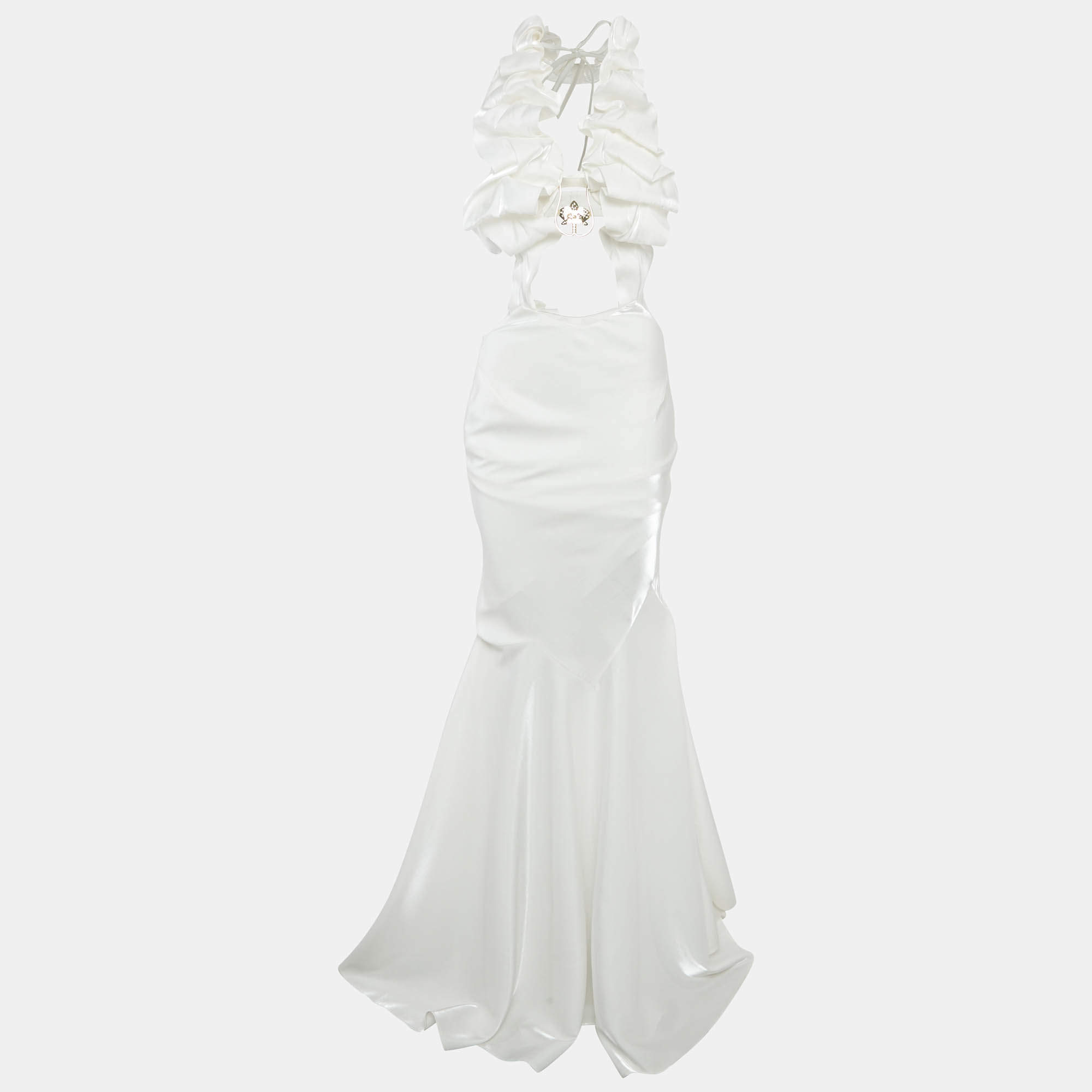 Pre Owned فستان جيني أبيض حرير ساتان تفاصيل أزهار طويلة بلامسات مقاس صغير - سمول