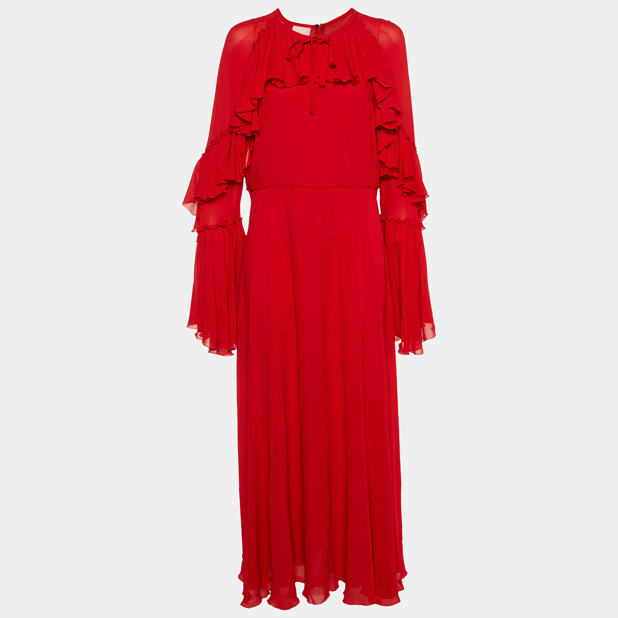 Giamba Red Crepe Ruffled Maxi Dress XL