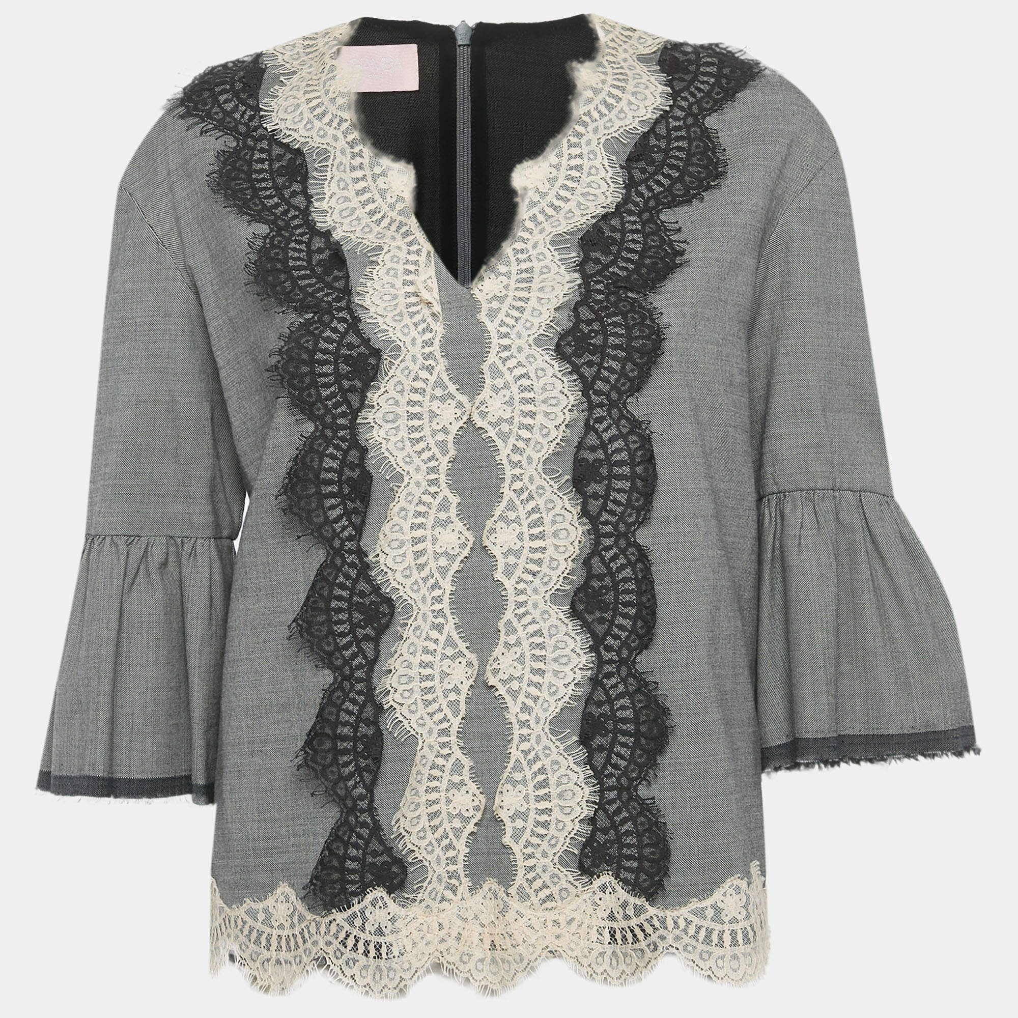 Pre Owned Giamba Grey Wool & Cotton Lace Detail Top S