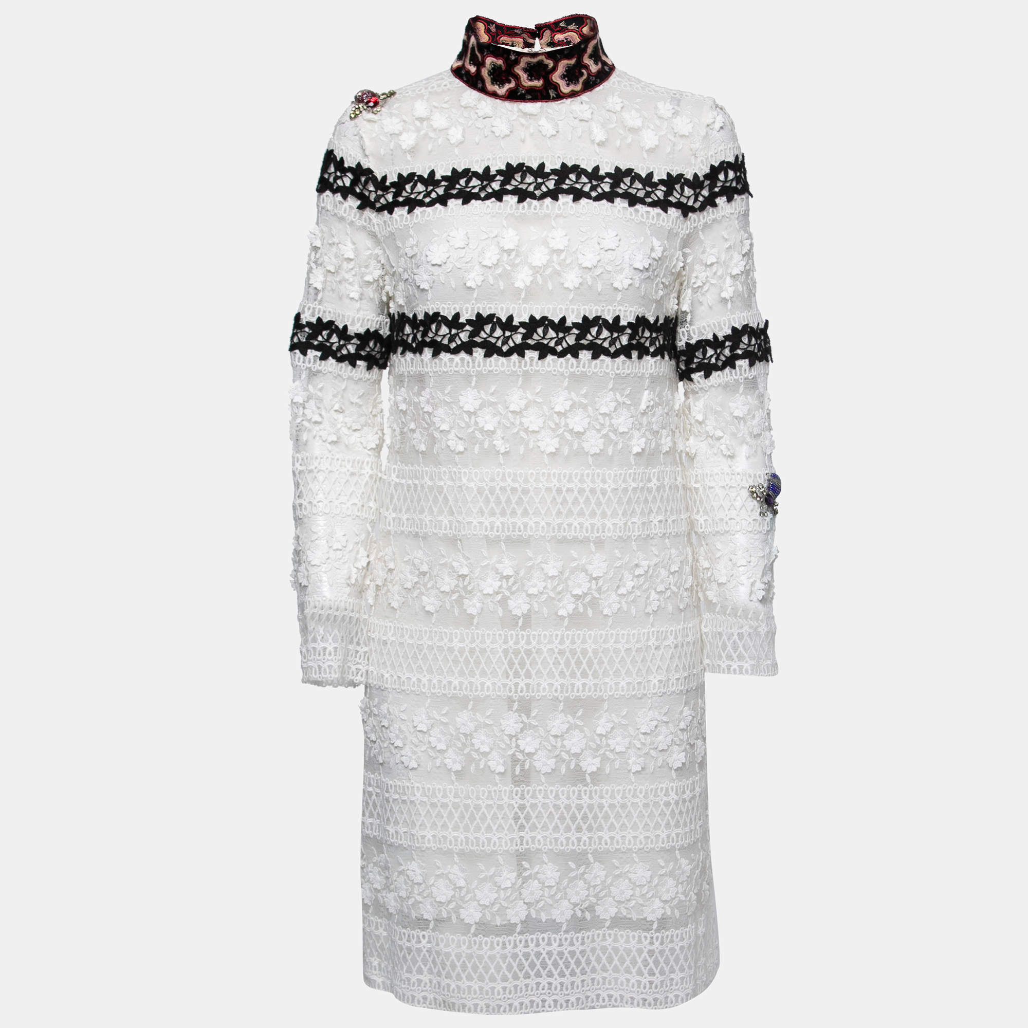 Pre Owned Giamba White Embroidered Lace High Neck Midi Dress M