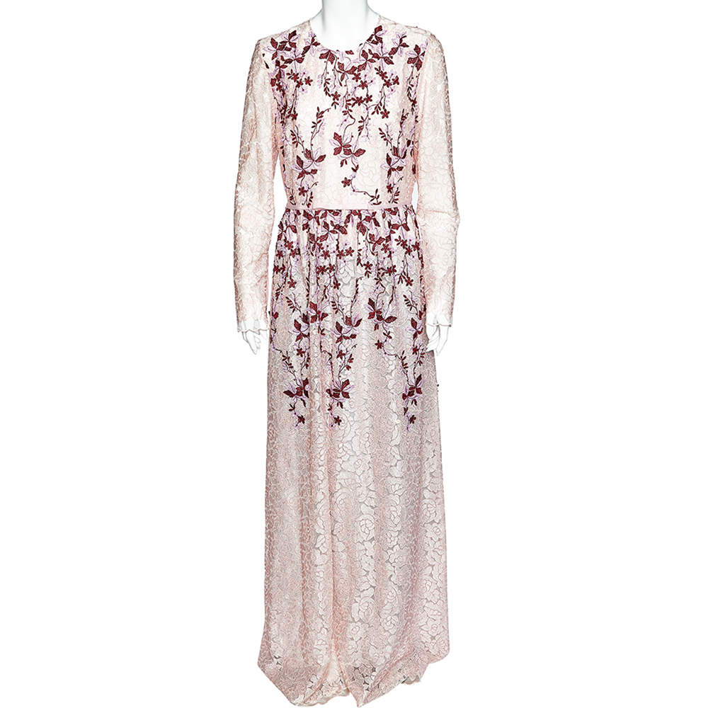 مملوكة مسبقًا Giambattista Valli Pink Embroidered Tulle Floral Applique Detail Gown L