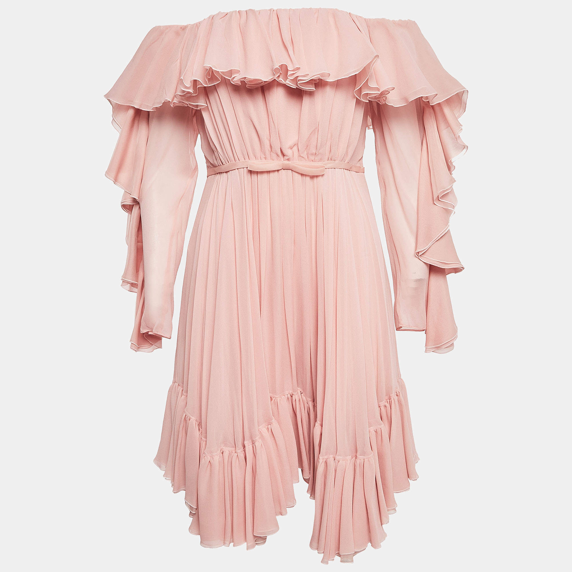 Giambattista Valli Pink Silk Off-Shoulder Ruffled Mini Dress M