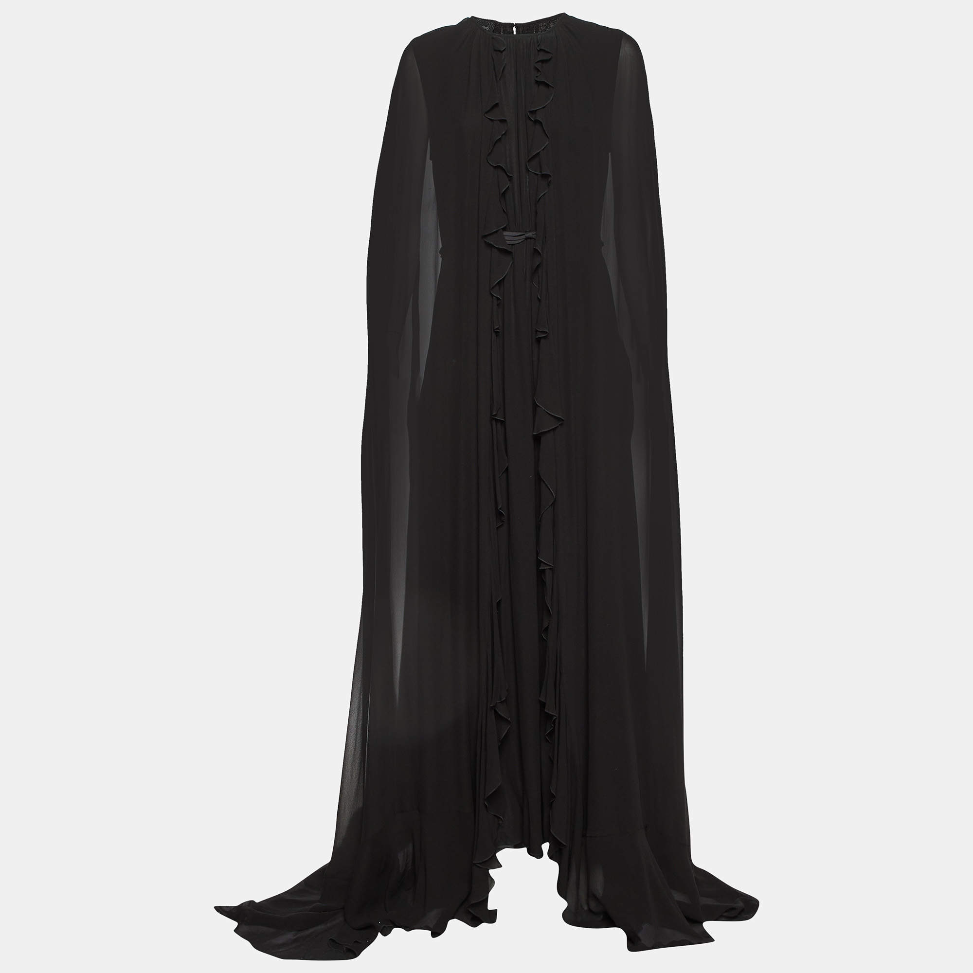 Giambattista Valli Black Silk Ruffled Cape Maxi Dress L