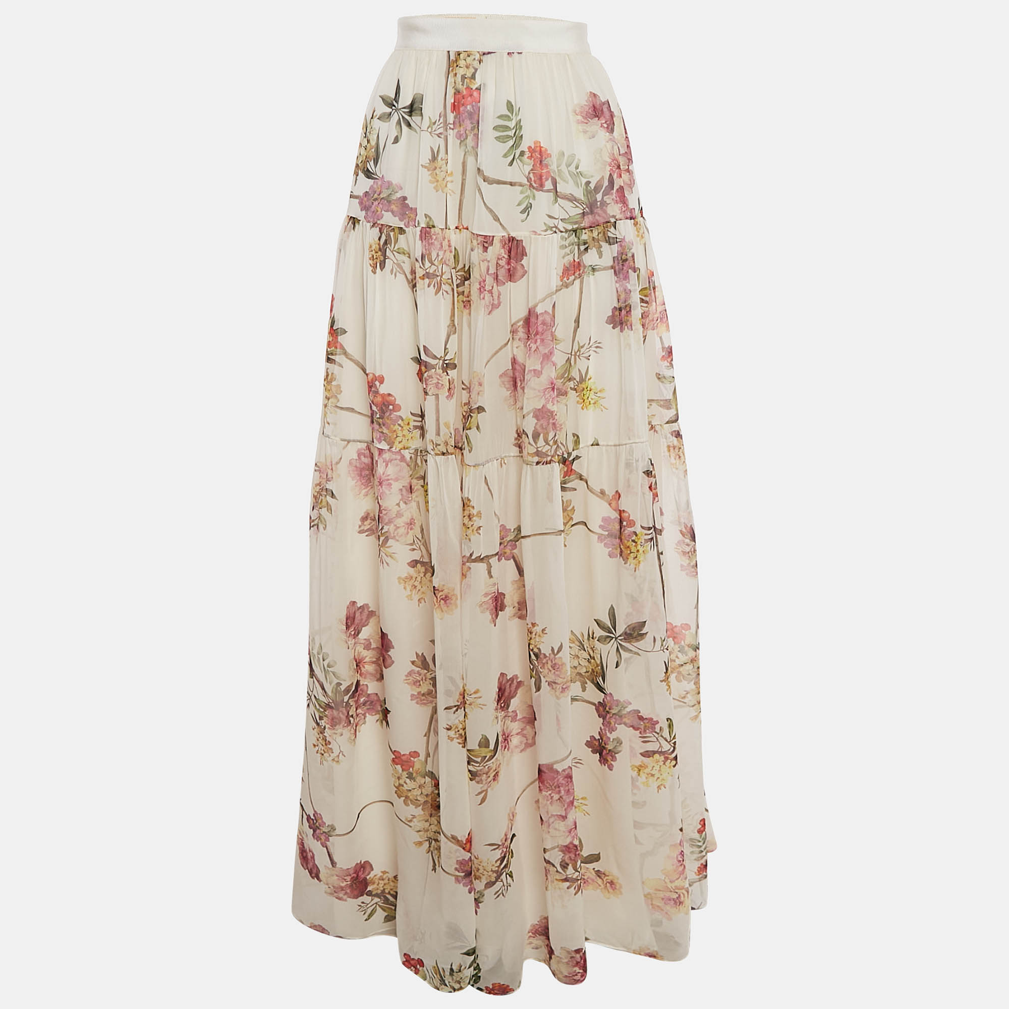 Giambattista Valli Off White Floral Print Chiffon Silk Maxi Skirt M