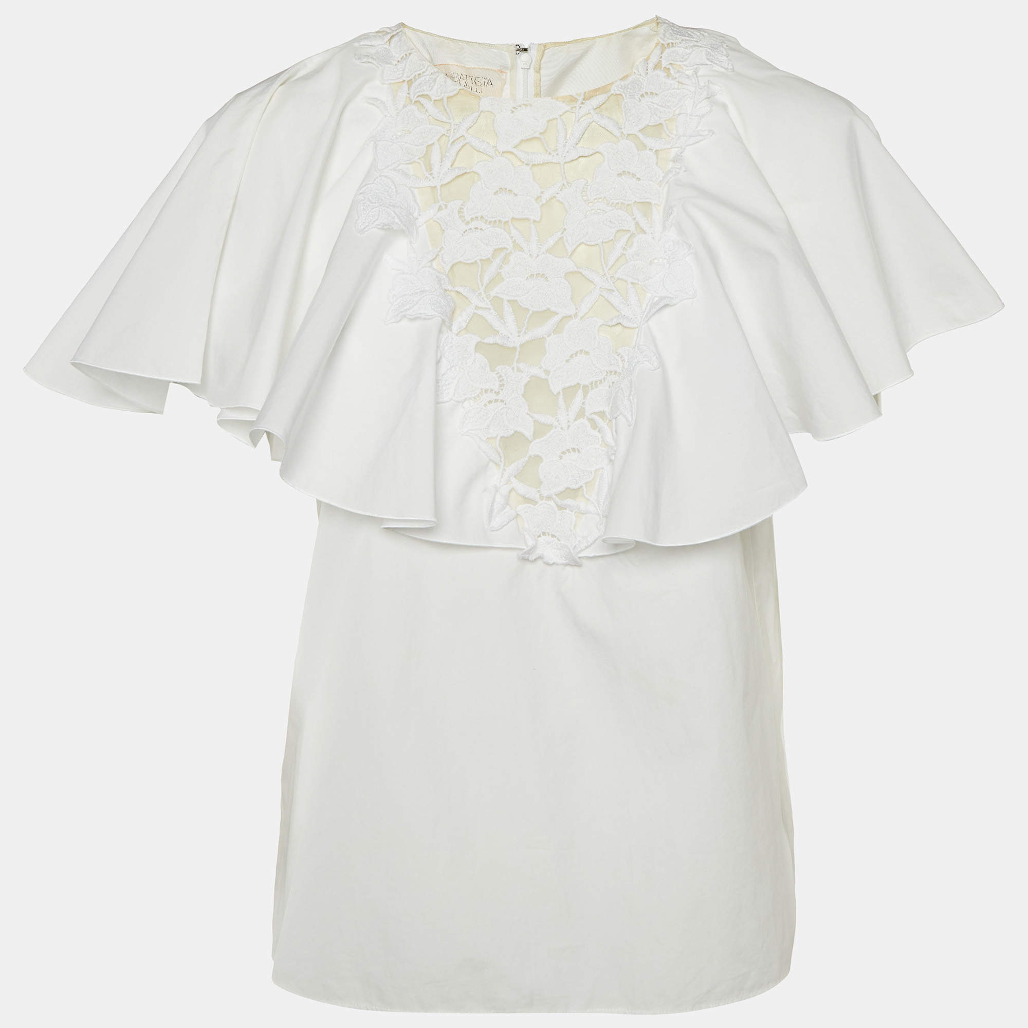 Pre Owned Giambattista Valli White Lace Trim Cotton Ruffled Top M