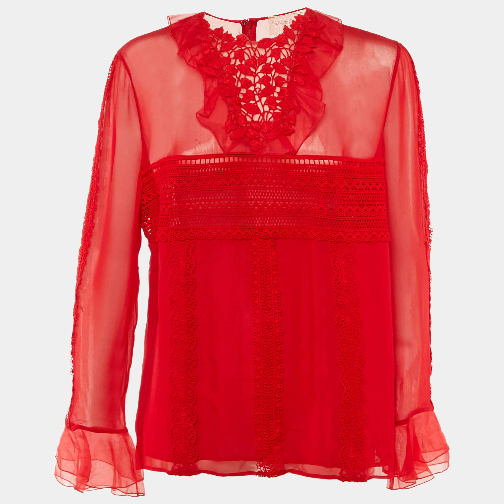 Pre Owned Giambattista Valli Red Silk Lace Detail Sheer Blouse XL