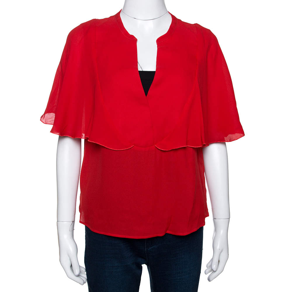 Giambattista Valli Red Crepe Ruffled Cape Detail Top M 