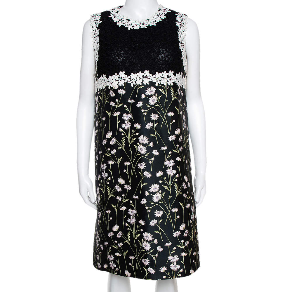مملوكة مسبقًا Giambattista Valli Black Floral Jacquard & Lace Mini Dress L