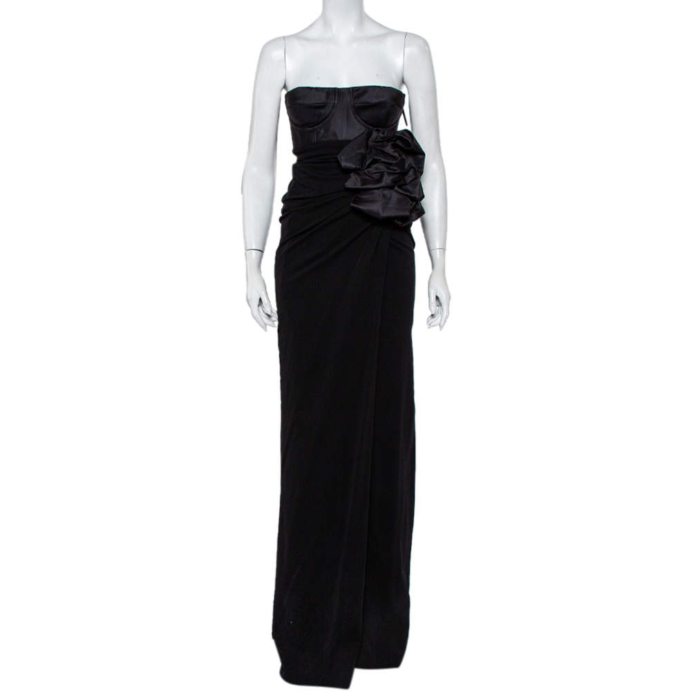 مملوكة مسبقًا Giambattista Valli Black Silk Draped Bustier Detail Faux Wrap Gown S