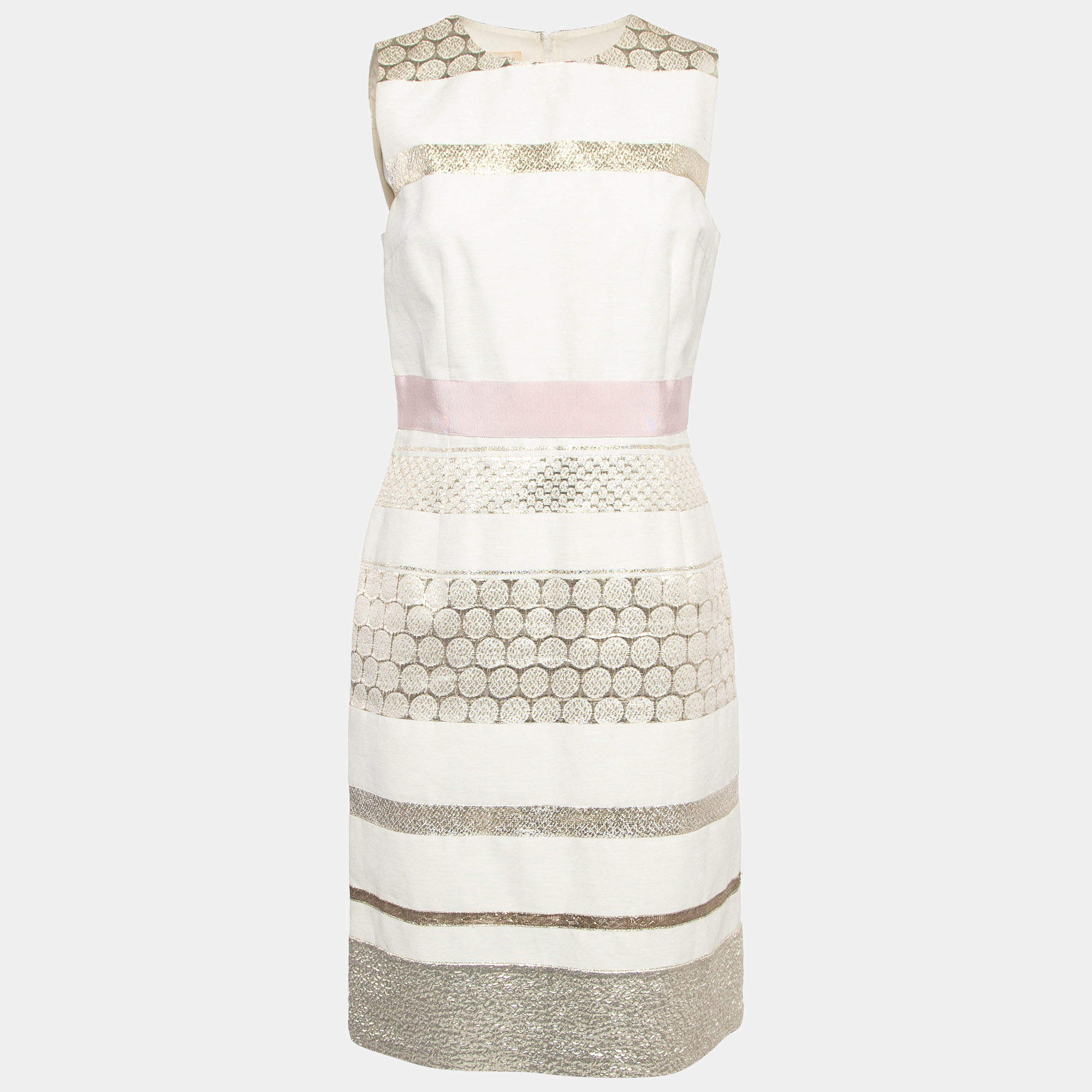 Giambattista Valli Off White Lurex Brocade Striped Cotton Sleeveless Dress M
