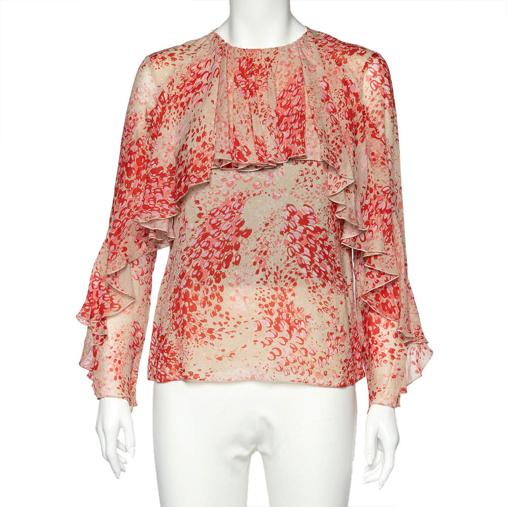 مملوكة مسبقًا Giambattista Valli Light Pink Printed Silk Ruffled Top M