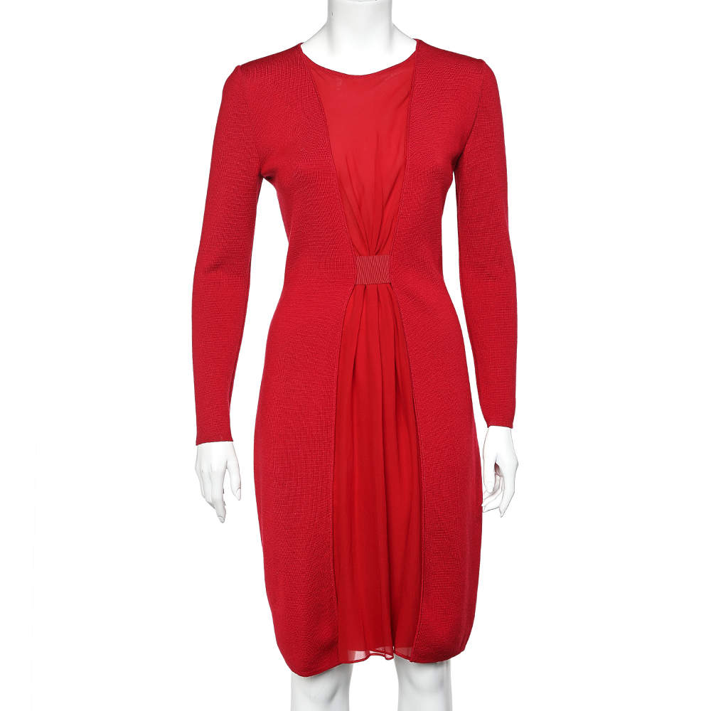 فستان ميدي جيامباتيستا فالي حرير بطيات وصوف أحمر مقاس صغير جدًا - إكس سمول