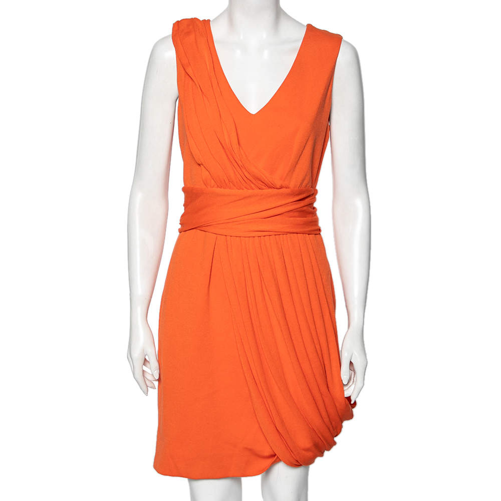 Giambattista Valli Orange Cotton Pleated Front Midi Dress M