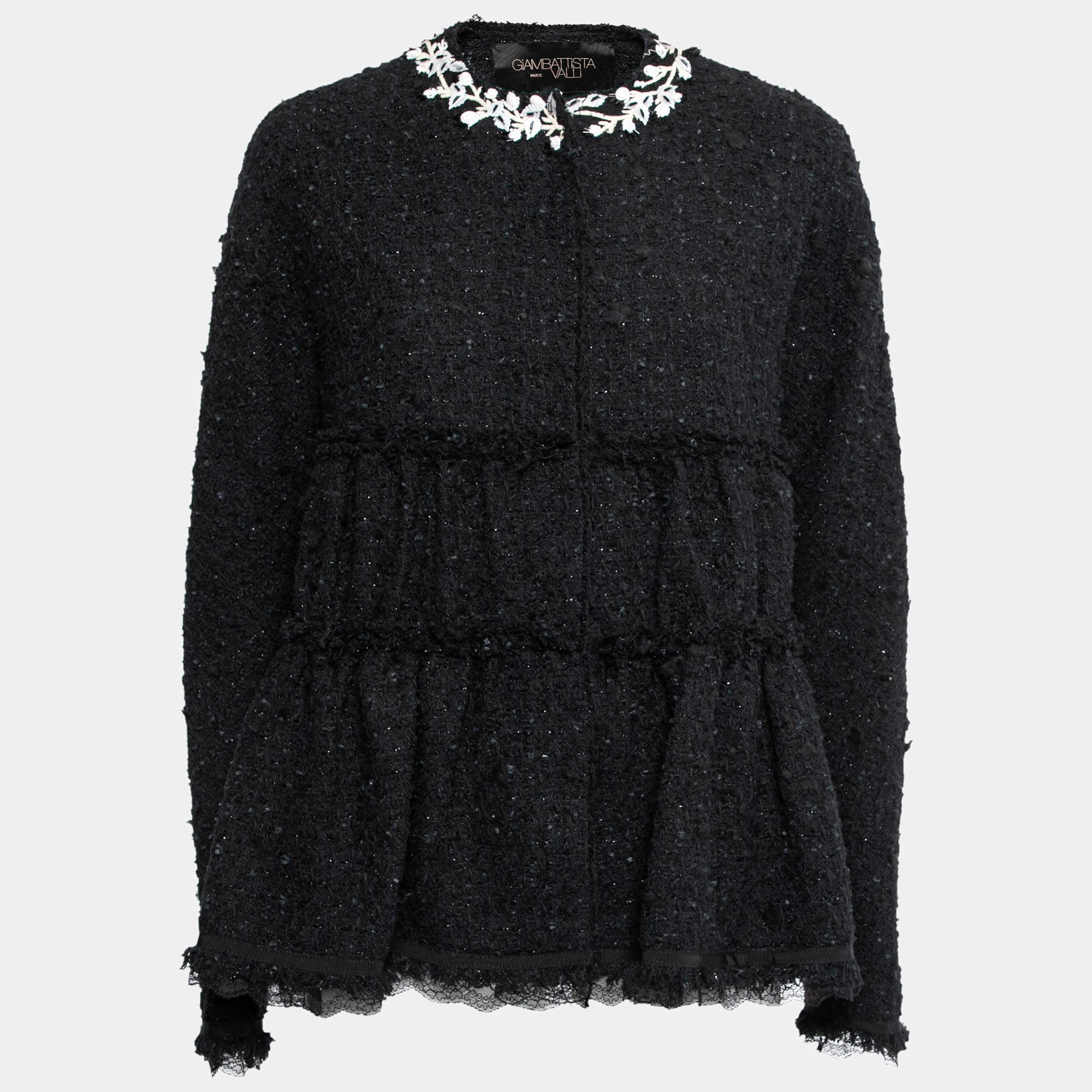 Pre Owned Giambattista Valli Black Tweed Embroidered Neck Detail Flared Jacket M